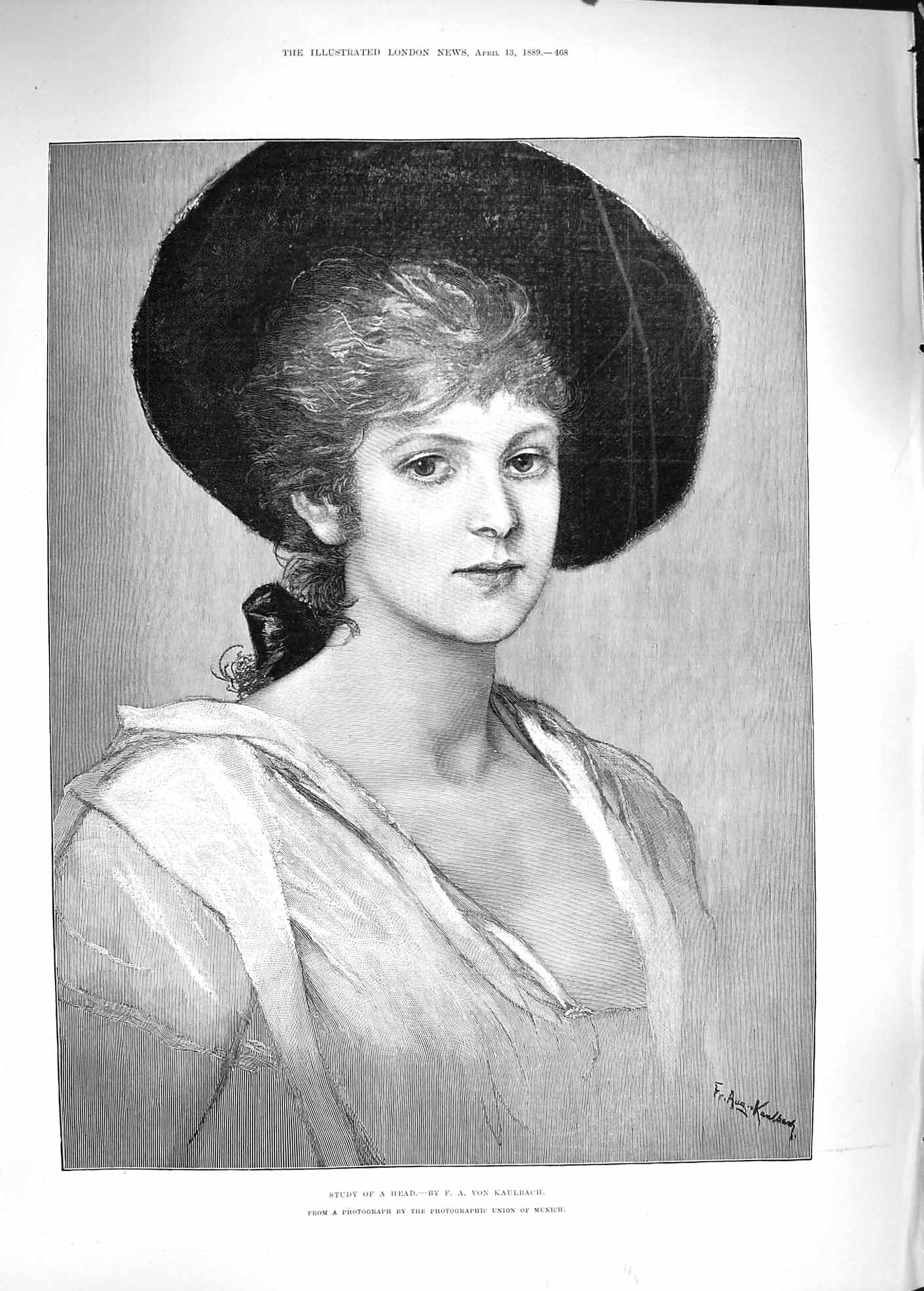 Original Old Antique Print 1889 Portrait Beautiful Girl Head Kaulbach Victorian