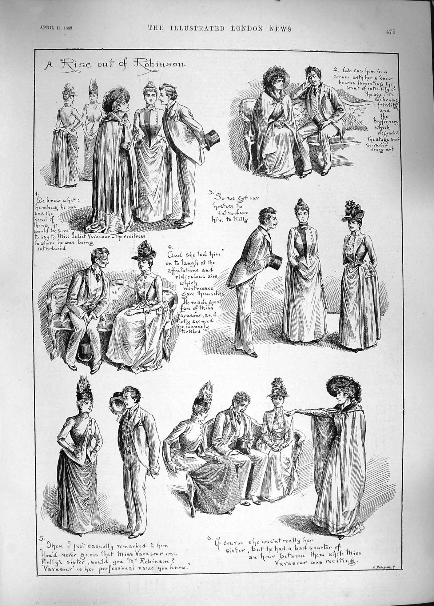 Original Old Antique Print 1889 Rise Out Robinson Man Ladies Romance Victorian