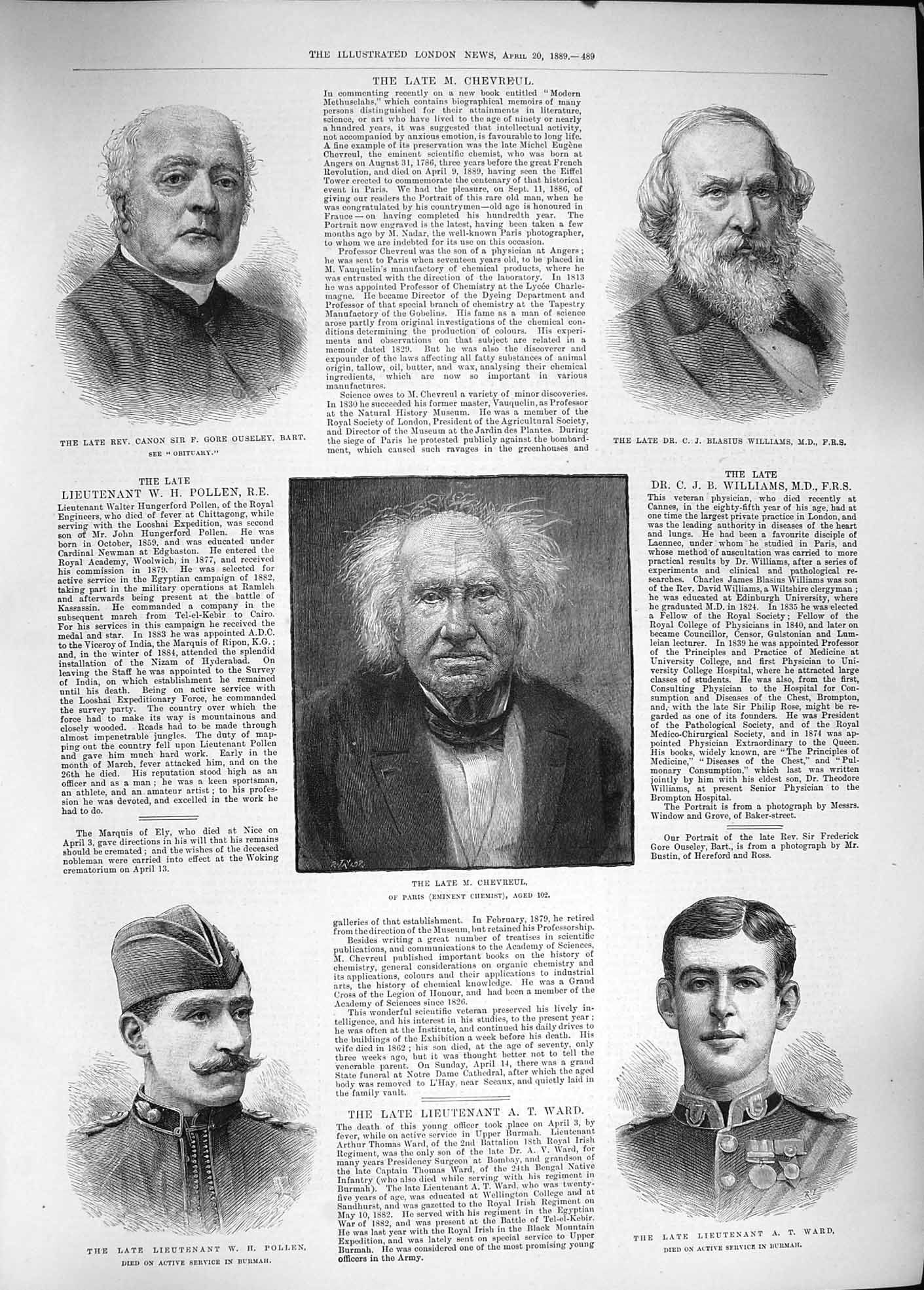 Original Old Antique Print 1889 Canon Ouseley Williams Chevreul Pollen Ward War