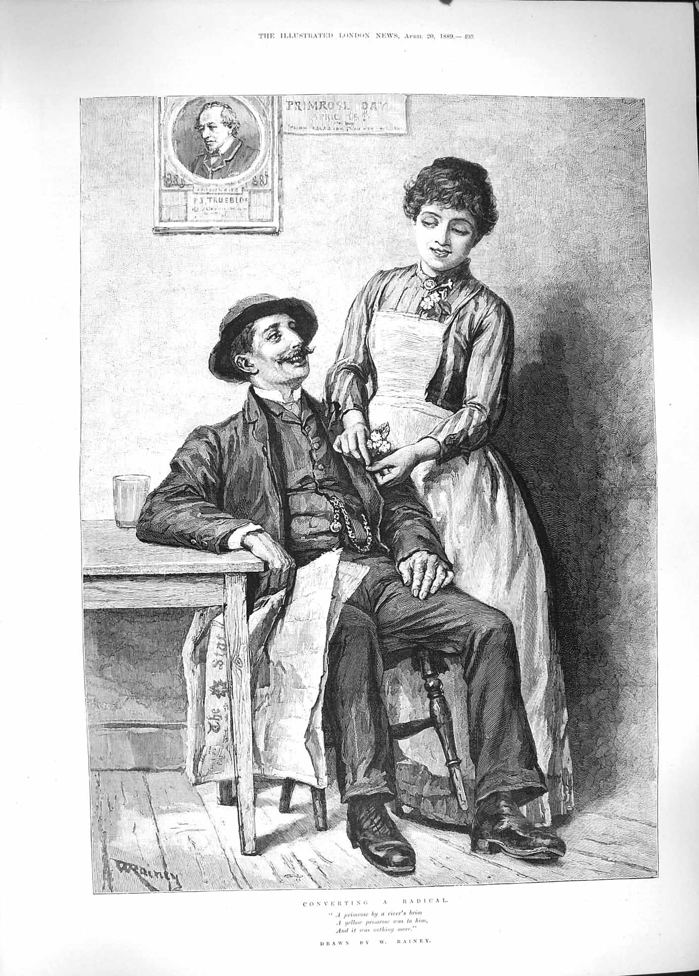 Original Old Antique Print 1889 Converting Radical Man Primrose Flower Rainey