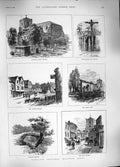 Old Antique Print 1889 Waltham Abbey Church Pillory Stocks Cattle Market 19th