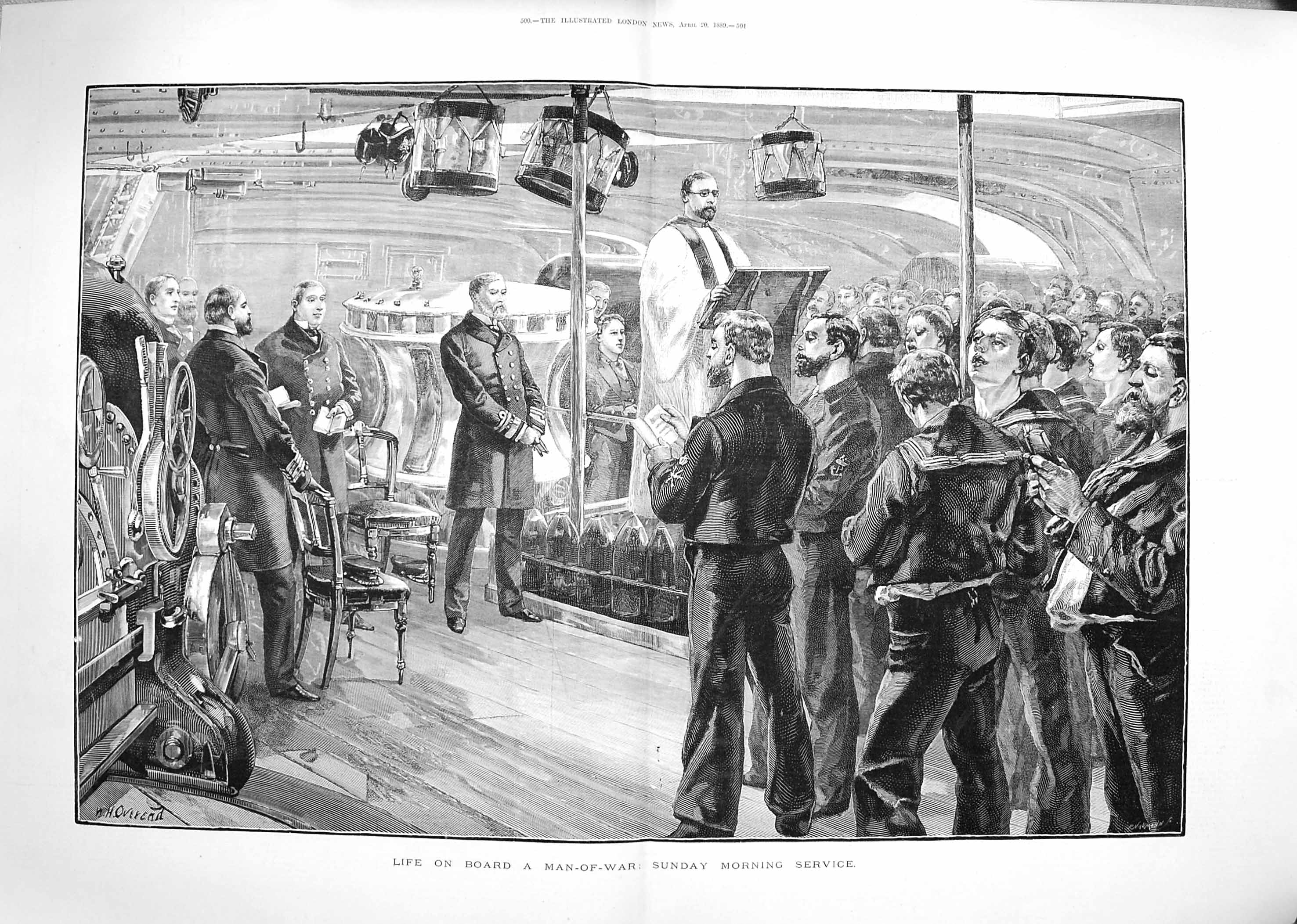 Old Antique Print 1889 Life Board Man-Of-War Ship Sunday Morning Service 19th