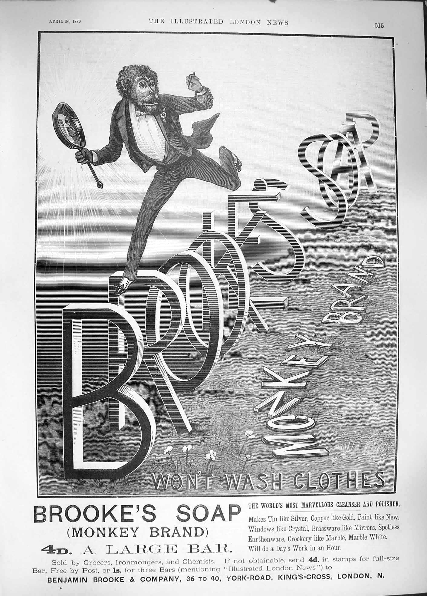 Antique Old Print *3831 1889 Advertisement Brookes Monkey Brand Soap London