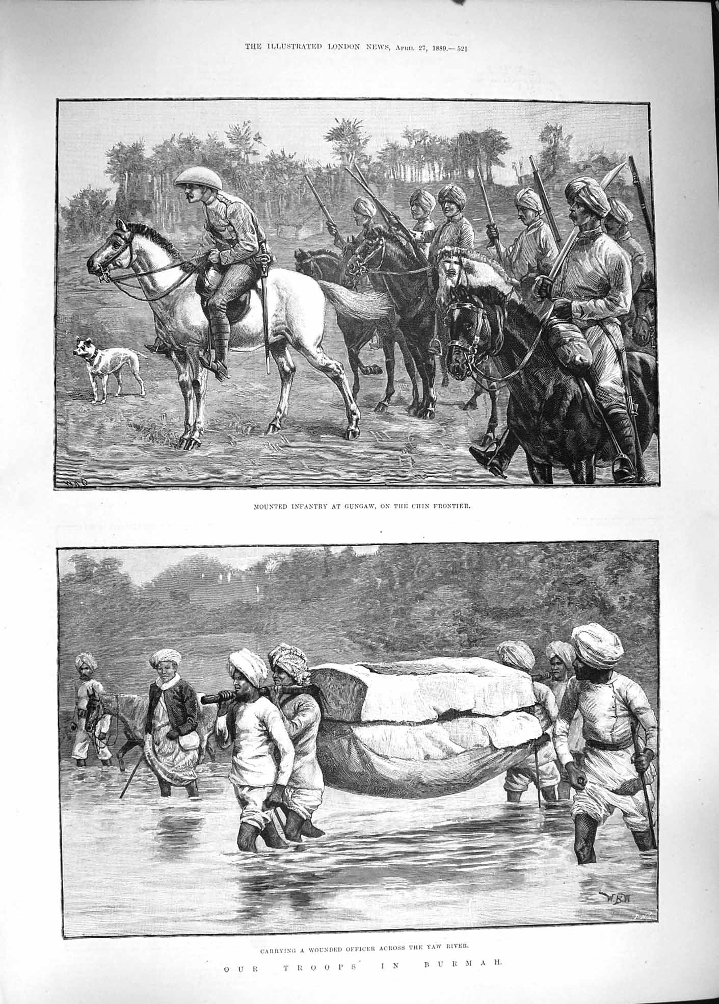 Original Old Antique Print 1889 British Siers Burmah Gungaw Chin Yaw River 19th