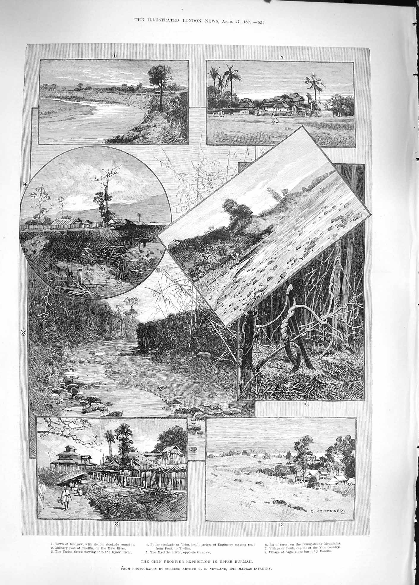 Old Antique Print 1889 Chin Frontier Burmah Gungaw Maw River Yadoo Kyaw 19th