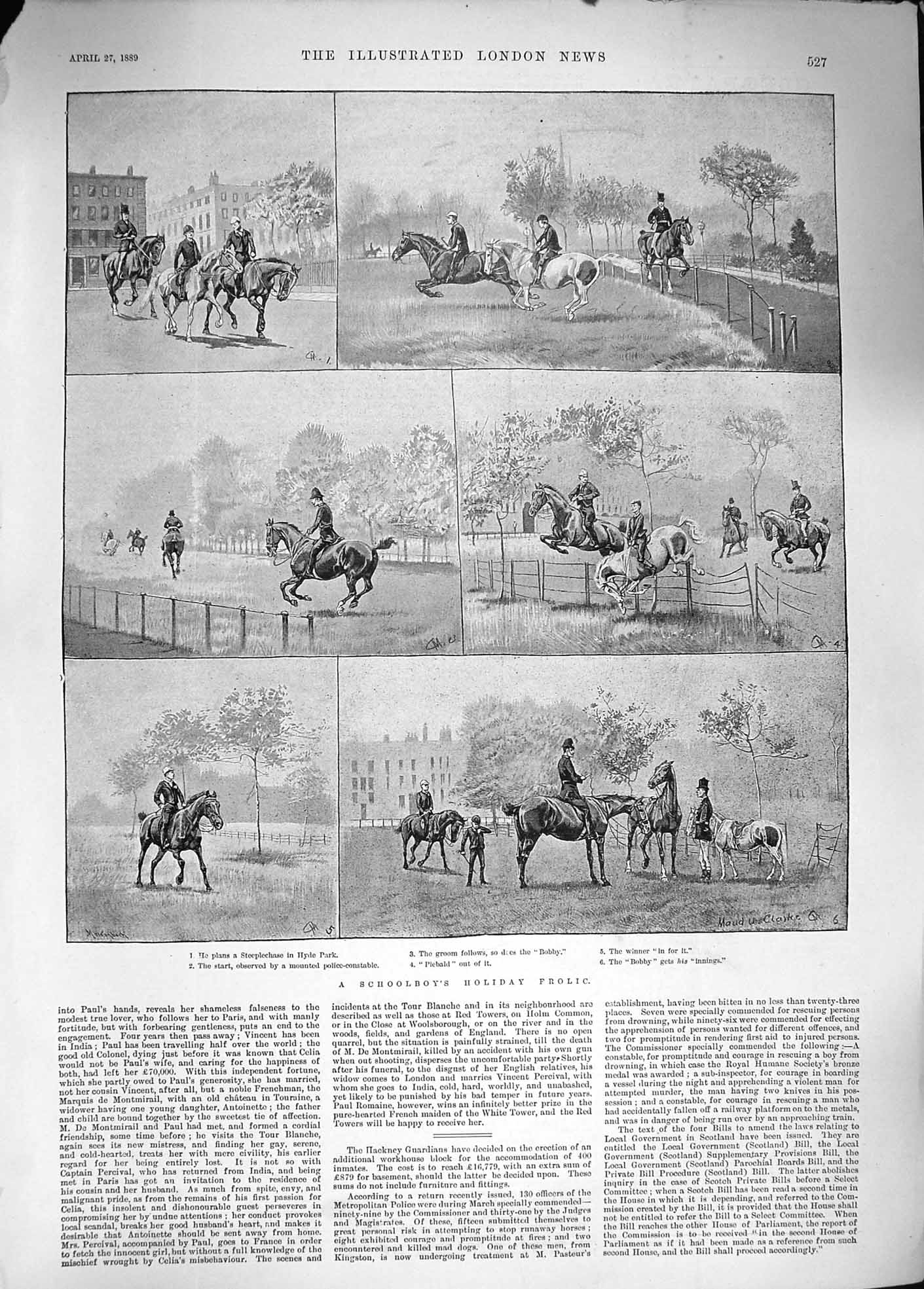 Original Old Antique Print 1889 Schoolboy Horses Jumping Hyde Park Police Man