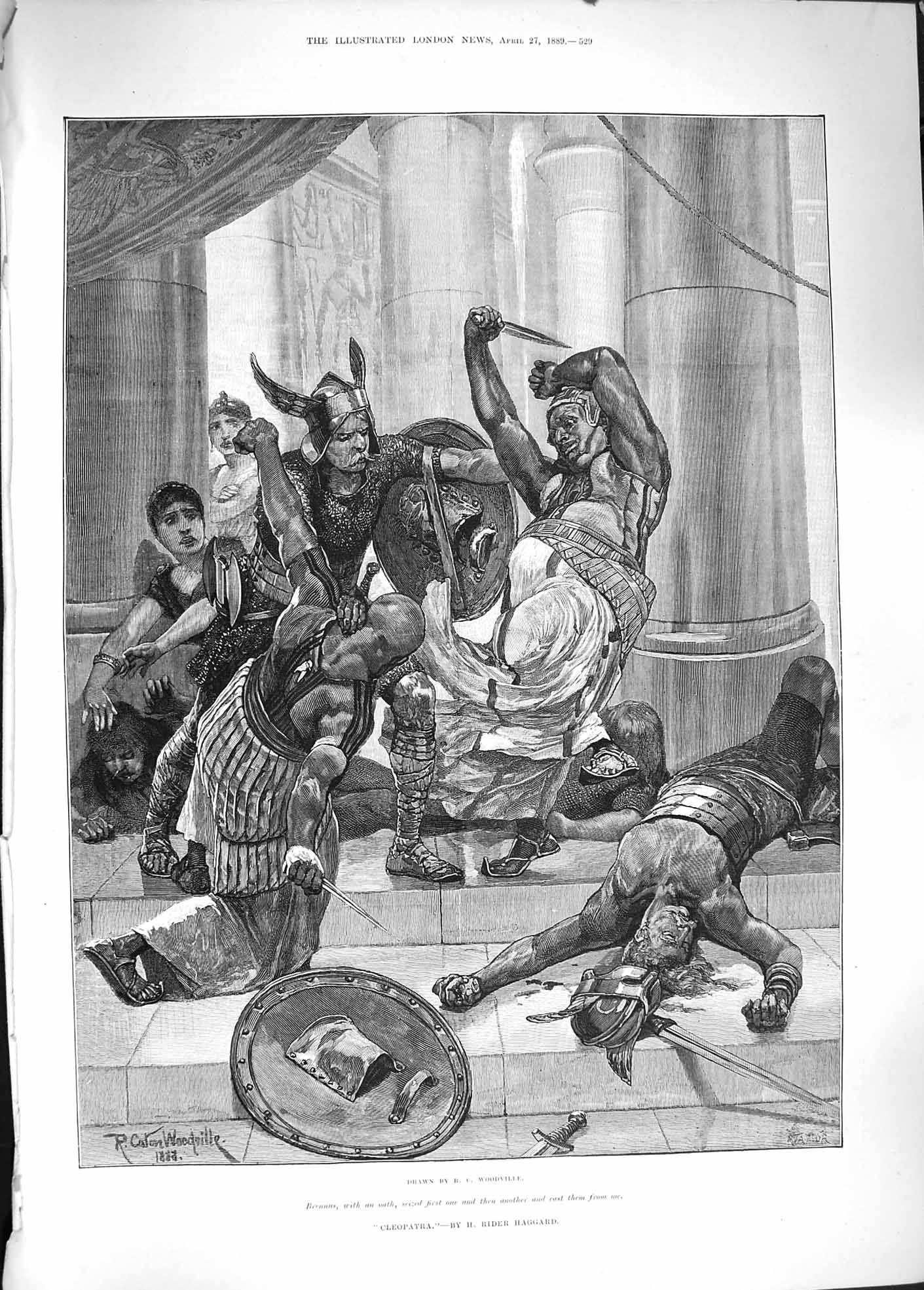 Original Old Antique Print 1889 Cleopatra Brennus Men Battle Fighting Swords