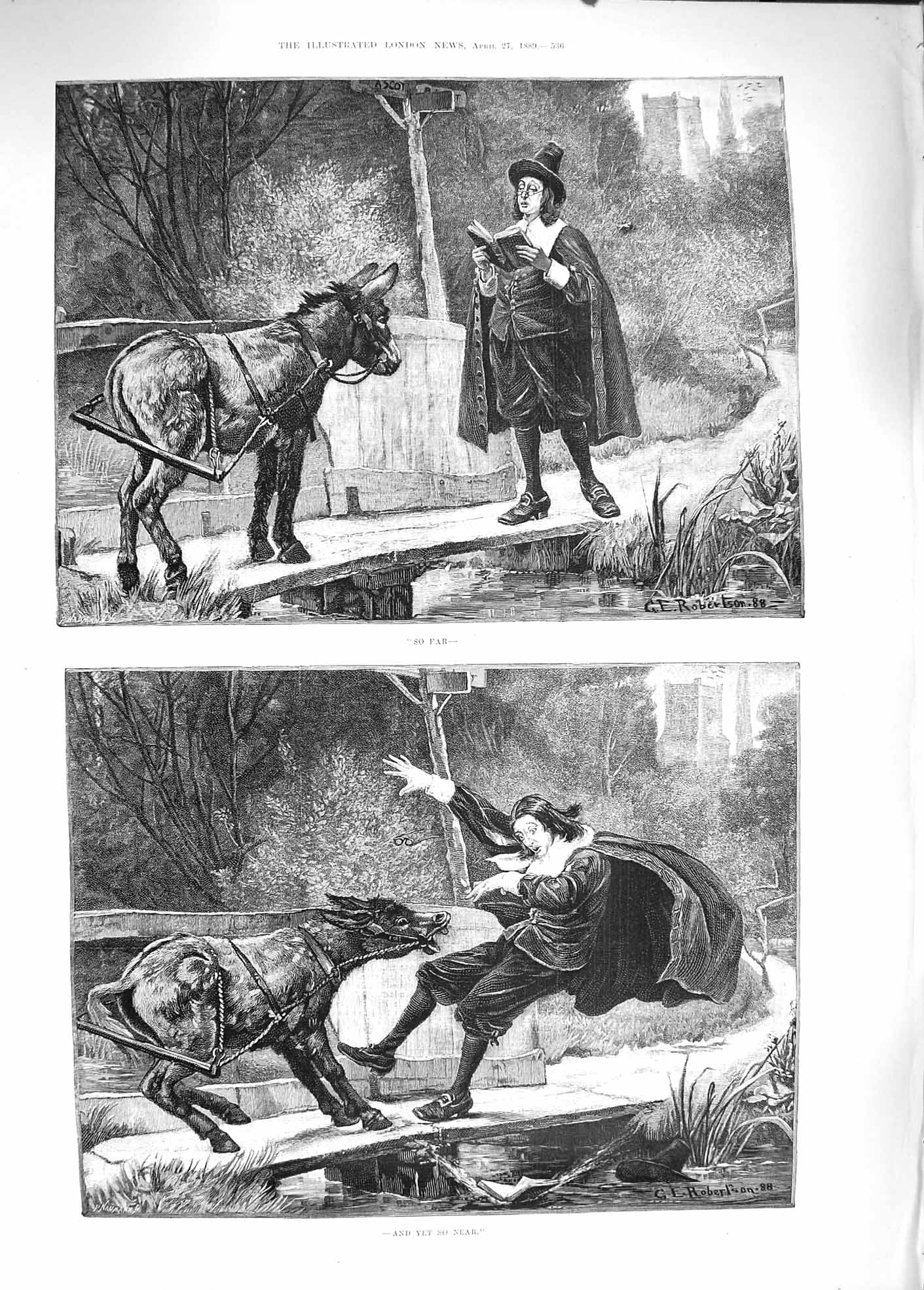 Original Old Antique Print 1889 Man Reading Book Canal Donkey Attack F Victorian