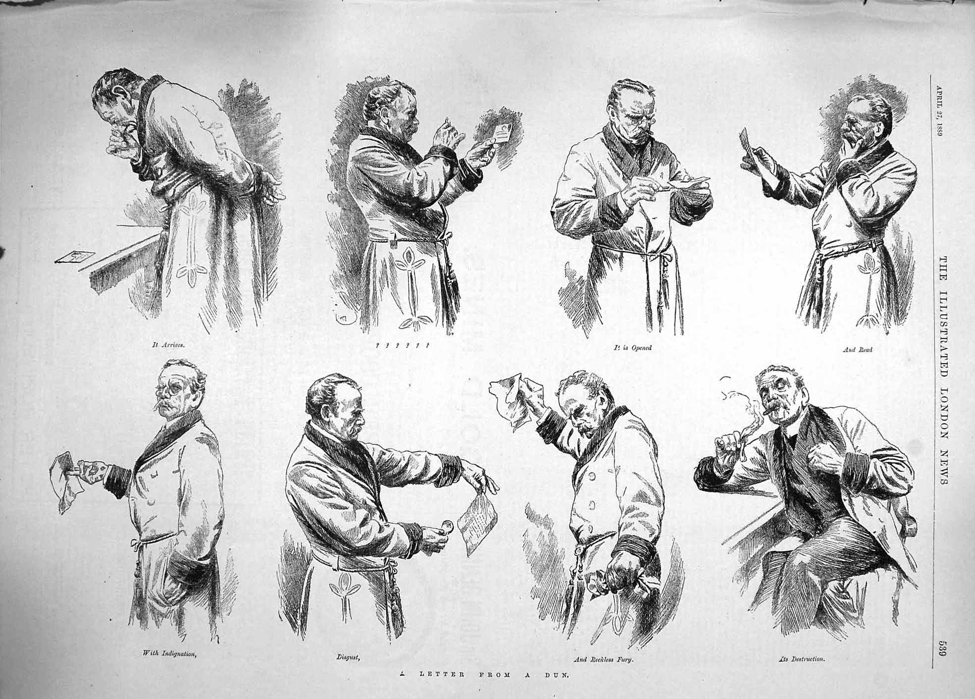 Original Old Antique Print 1889 Letter Dun Man Post Mail 19th Century