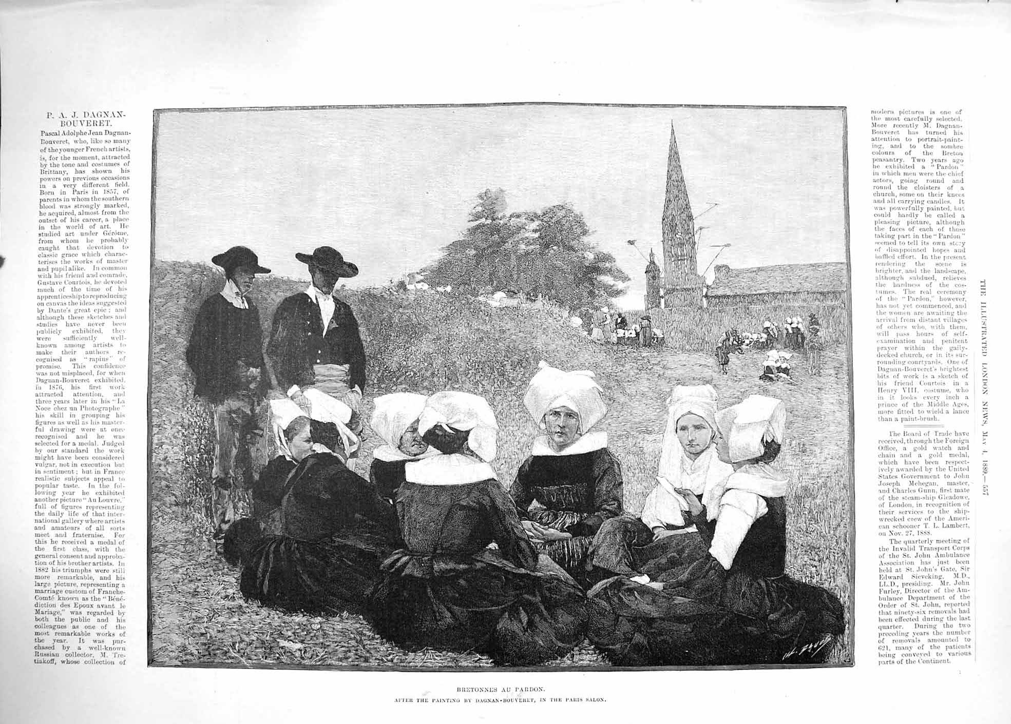 Original Old Antique Print 1889 Bretonnes Au Pardon Nuns Ladies Church 19th