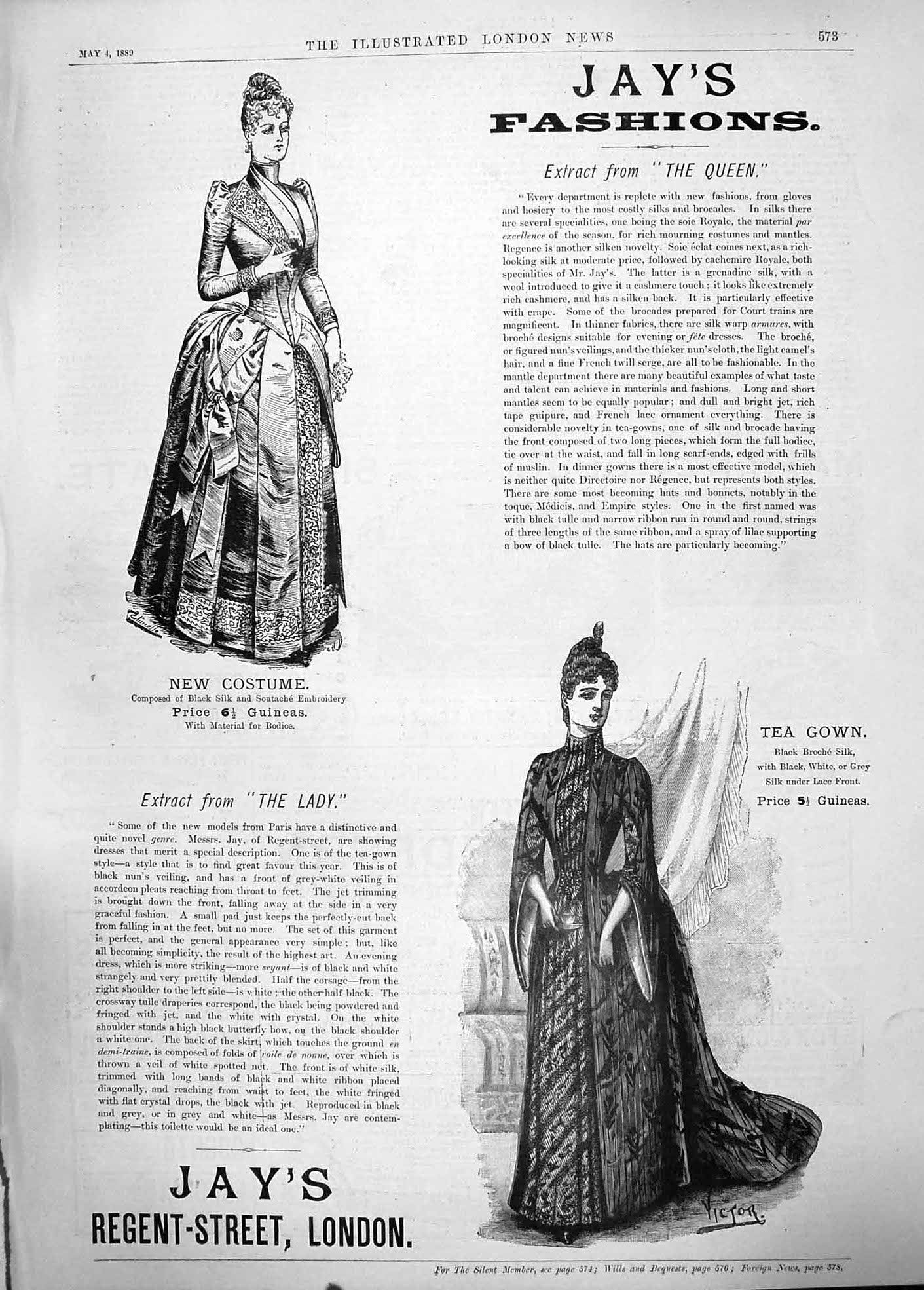 Original Old Antique Print 1889 Advertisement Jays Fashion Tea Gown Costume 19th