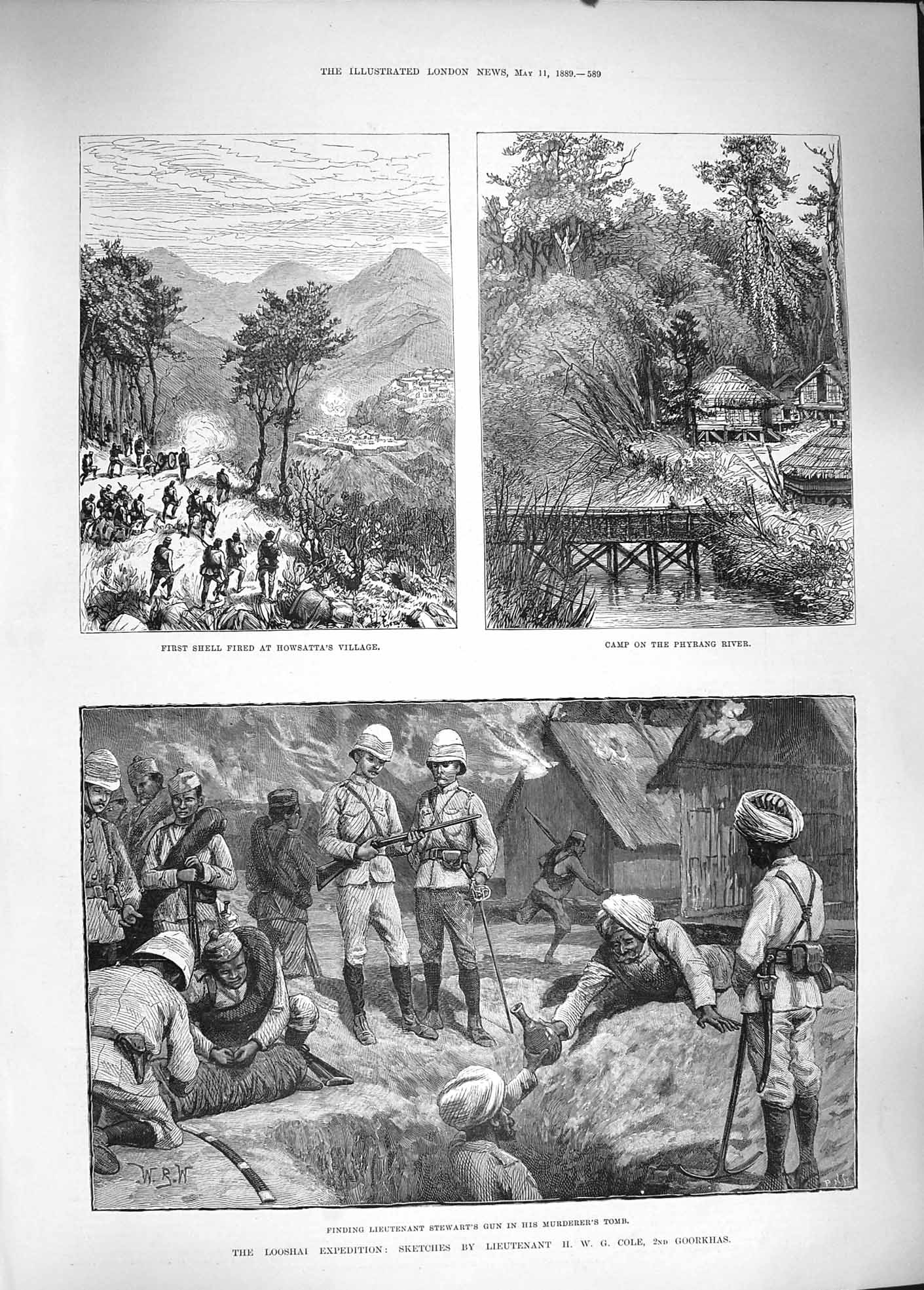 Old Antique Print 1889 Looshai Expedition Phyrang River Howsatta Stewart 19th