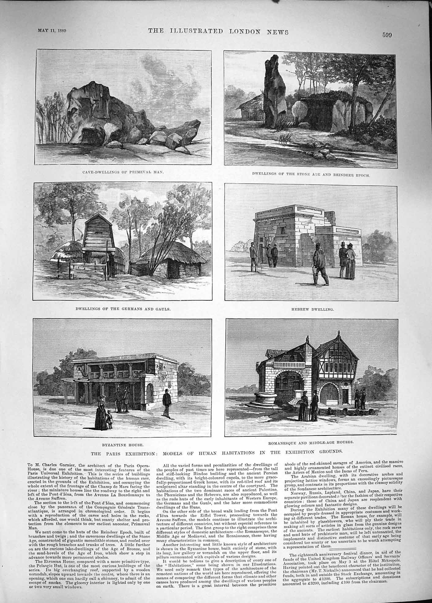 Original Old Antique Print 1889 Paris Cave Dwellings Stone Age Hebrew Etruscan
