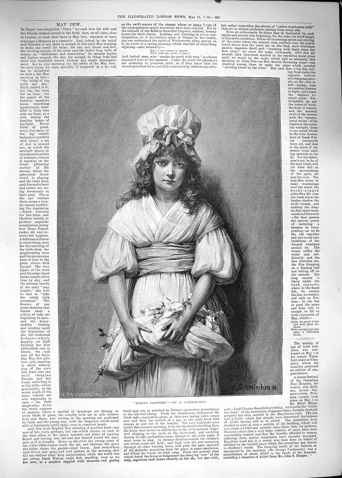 Original Old Antique Print 1889 Portrait Little Girl Spring Flowers Victorian