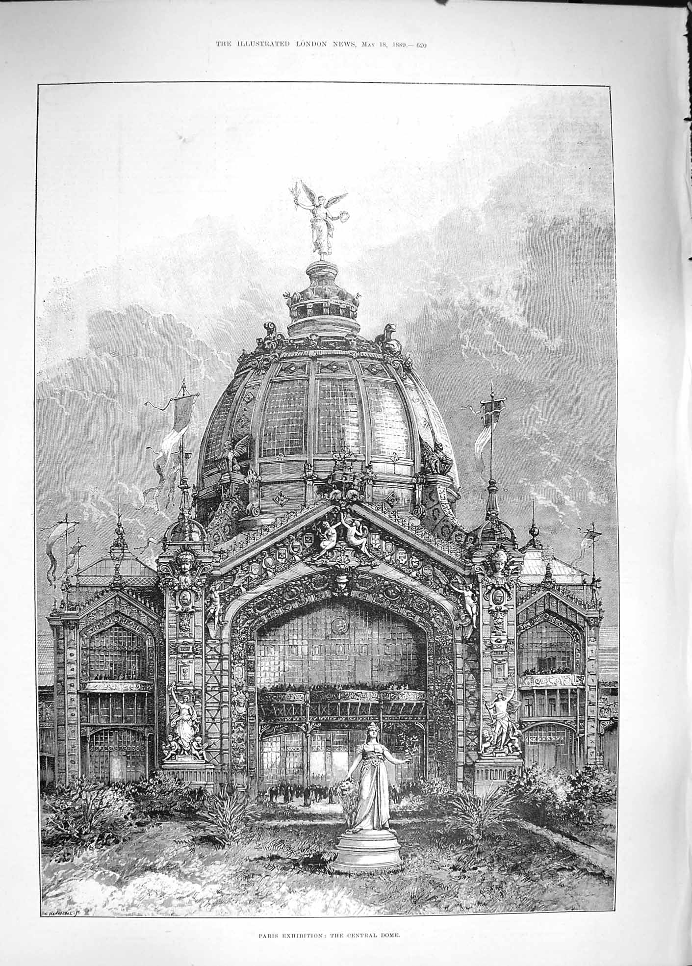 Old Antique Print 1889 Paris Exhibition Central Dome Architecture France 19th