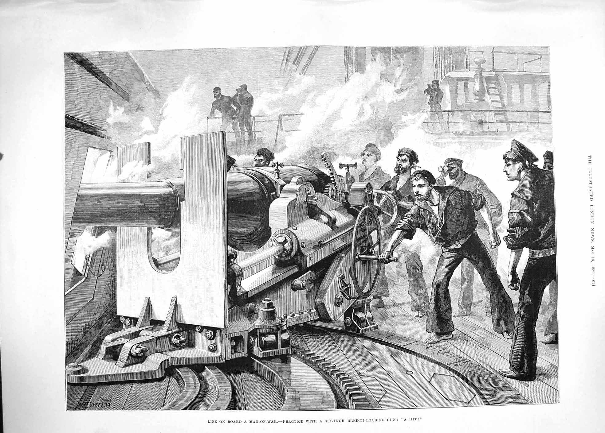 Old Antique Print 1889 Life Board Man-Of-War Ship Breech-Loading Gun War 19th
