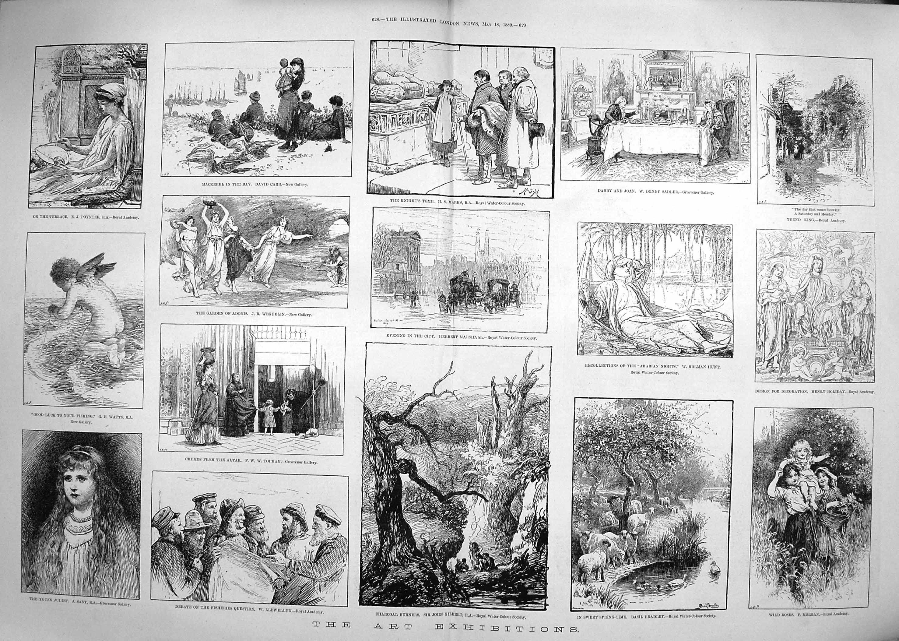 Old Antique Print 1889 Art Exhibition Knight'S Tomb Juliet Spring Lambs 19th