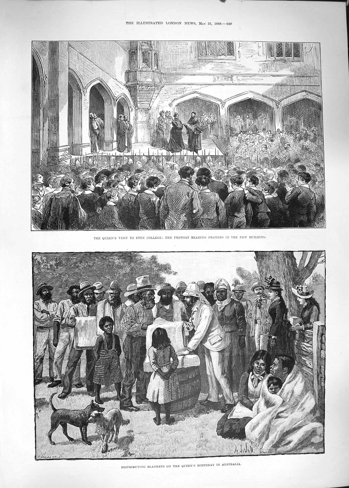 Original Old Antique Print 1889 Queen Eton College Provost Blankets Poor Au 19th