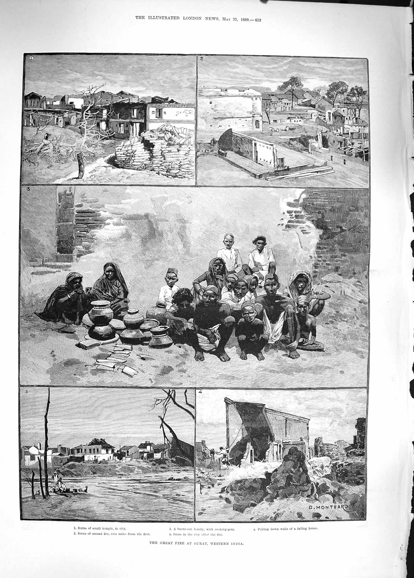 Original Old Antique Print 1889 Fire Surat India Cooking Pots Temple Capetown