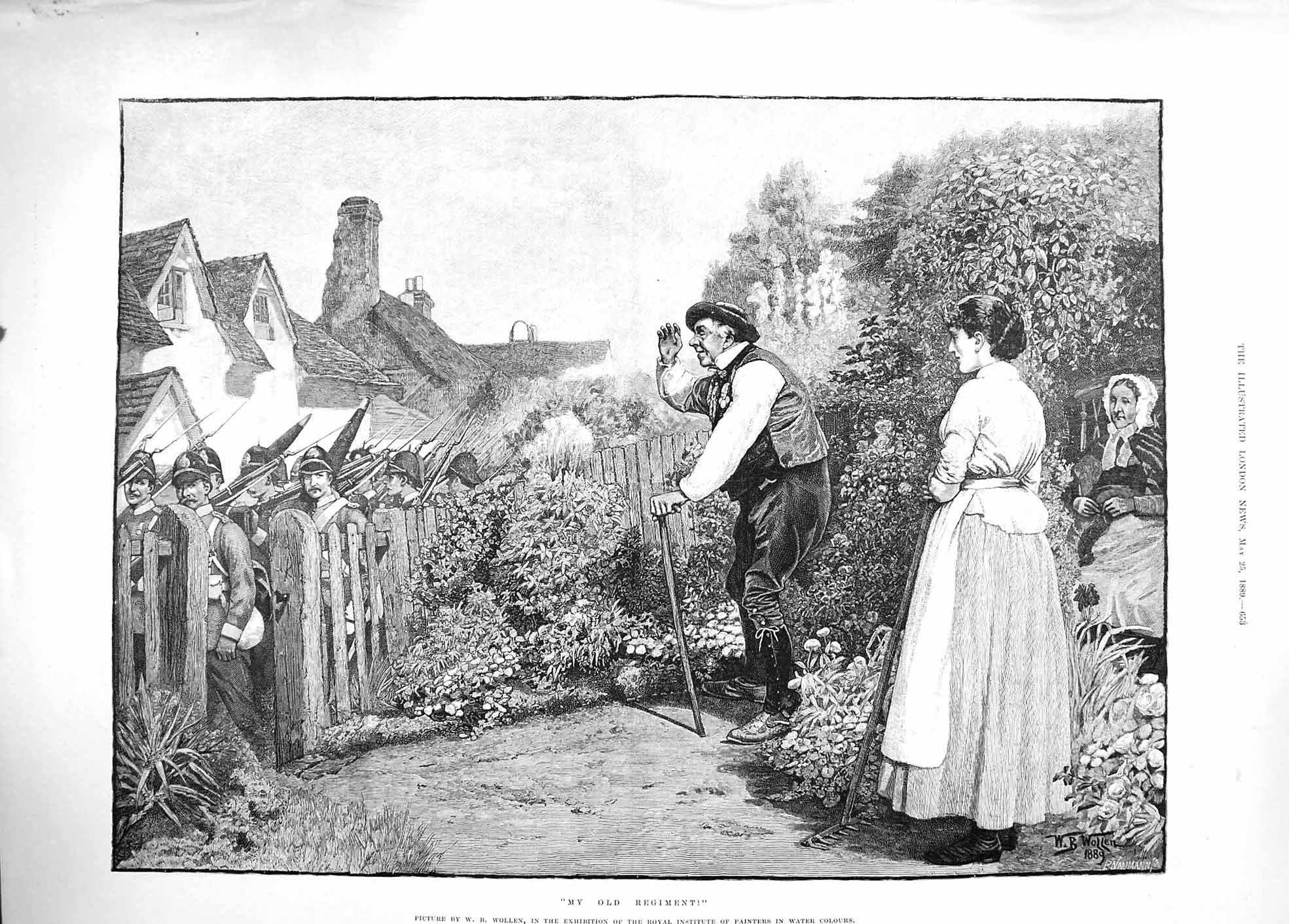 Original Old Antique Print 1889 Regiment Man House Garden Siers Marching 19th