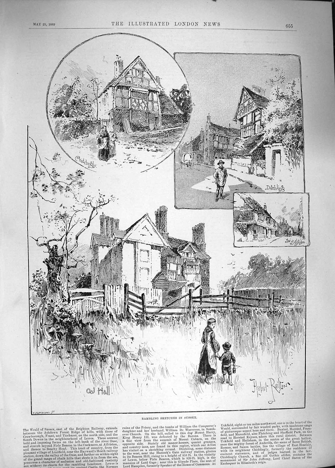 Original Old Antique Print 1889 Rambling Sussex Chiddingly Oat Hall Ditchling