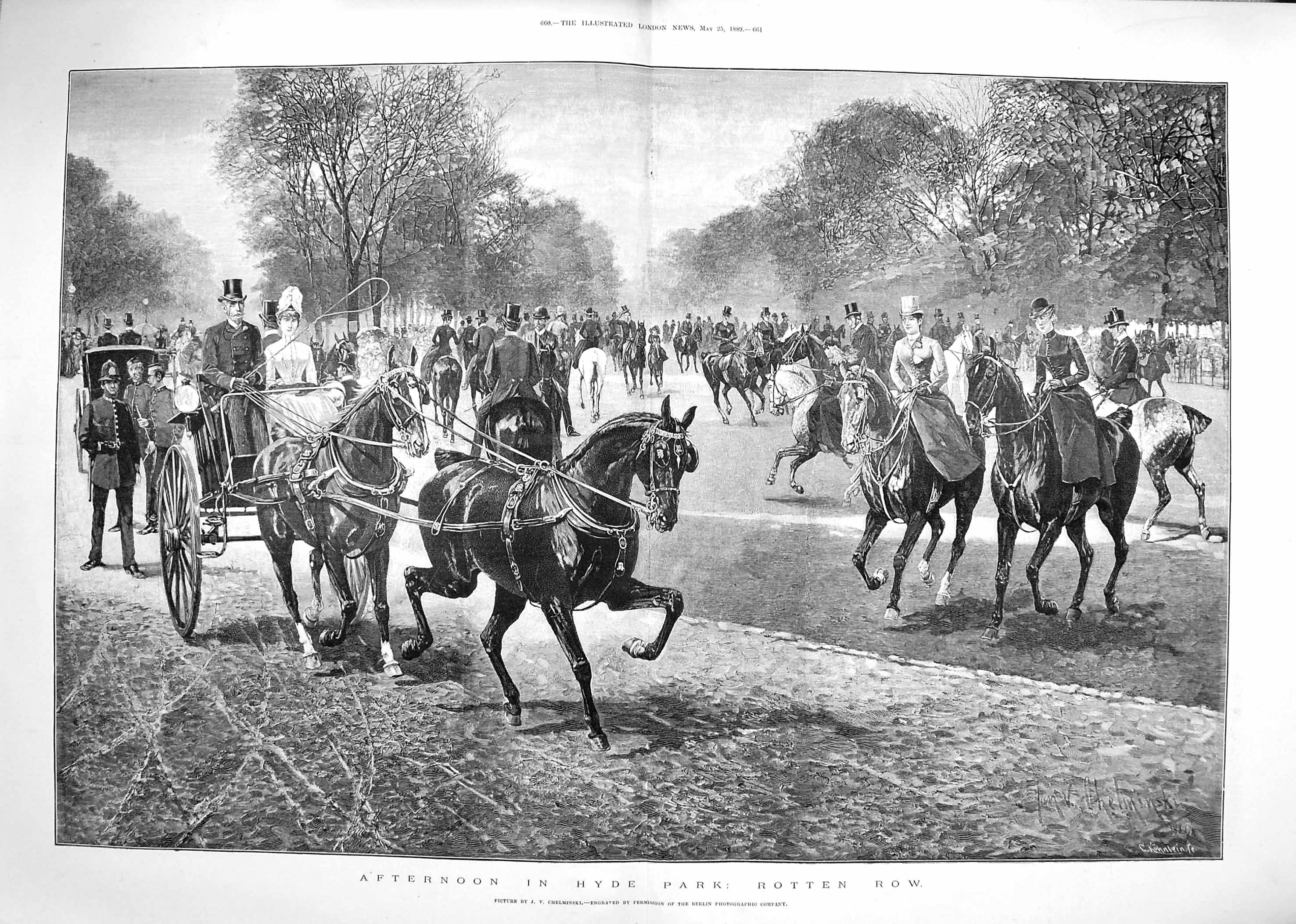 Original Old Antique Print 1889 Scene Rotten Row Hyde Park London Horses 19th