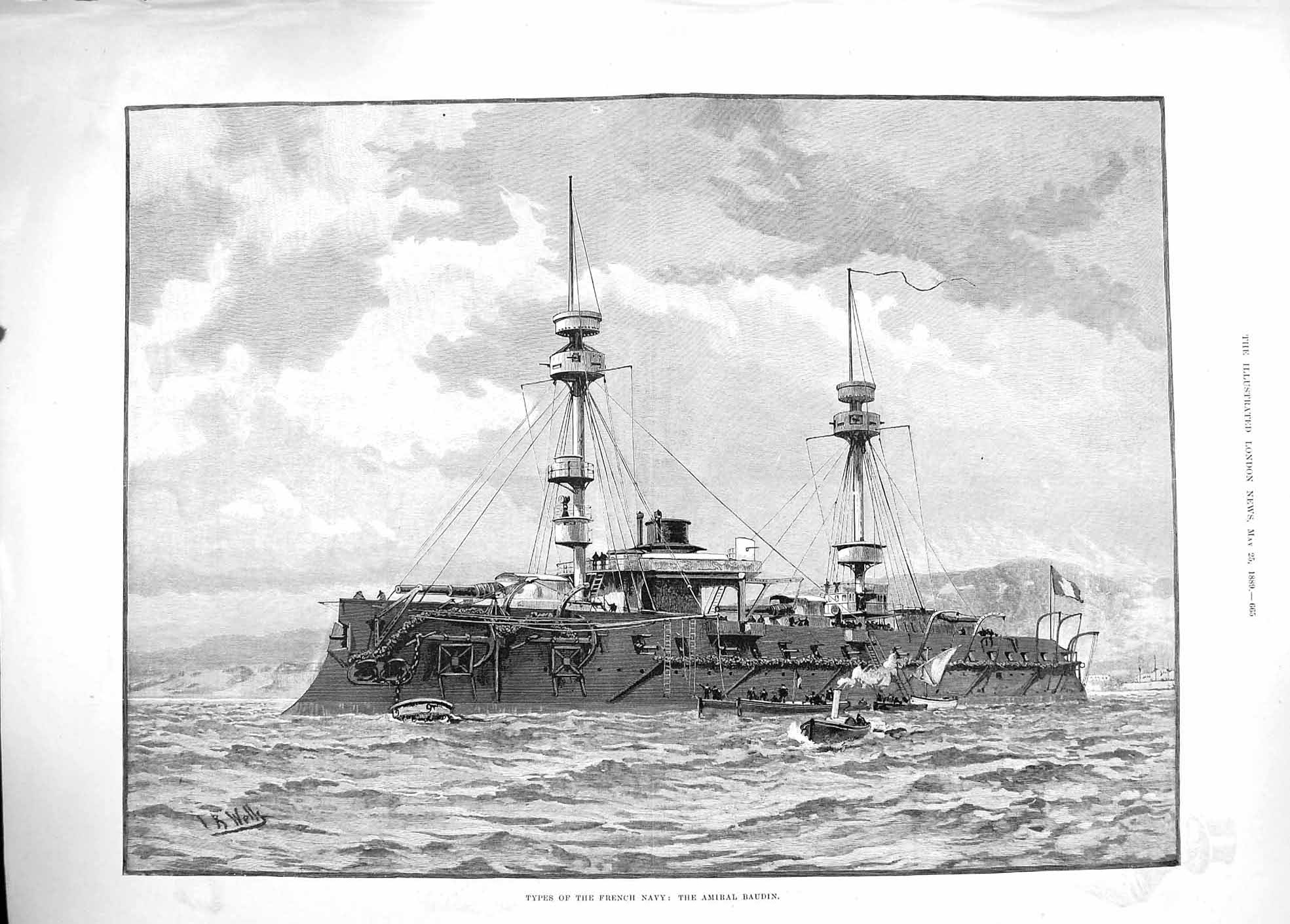 Original Old Antique Print 1889 French Navy War Ship Amiral Baudin Victorian