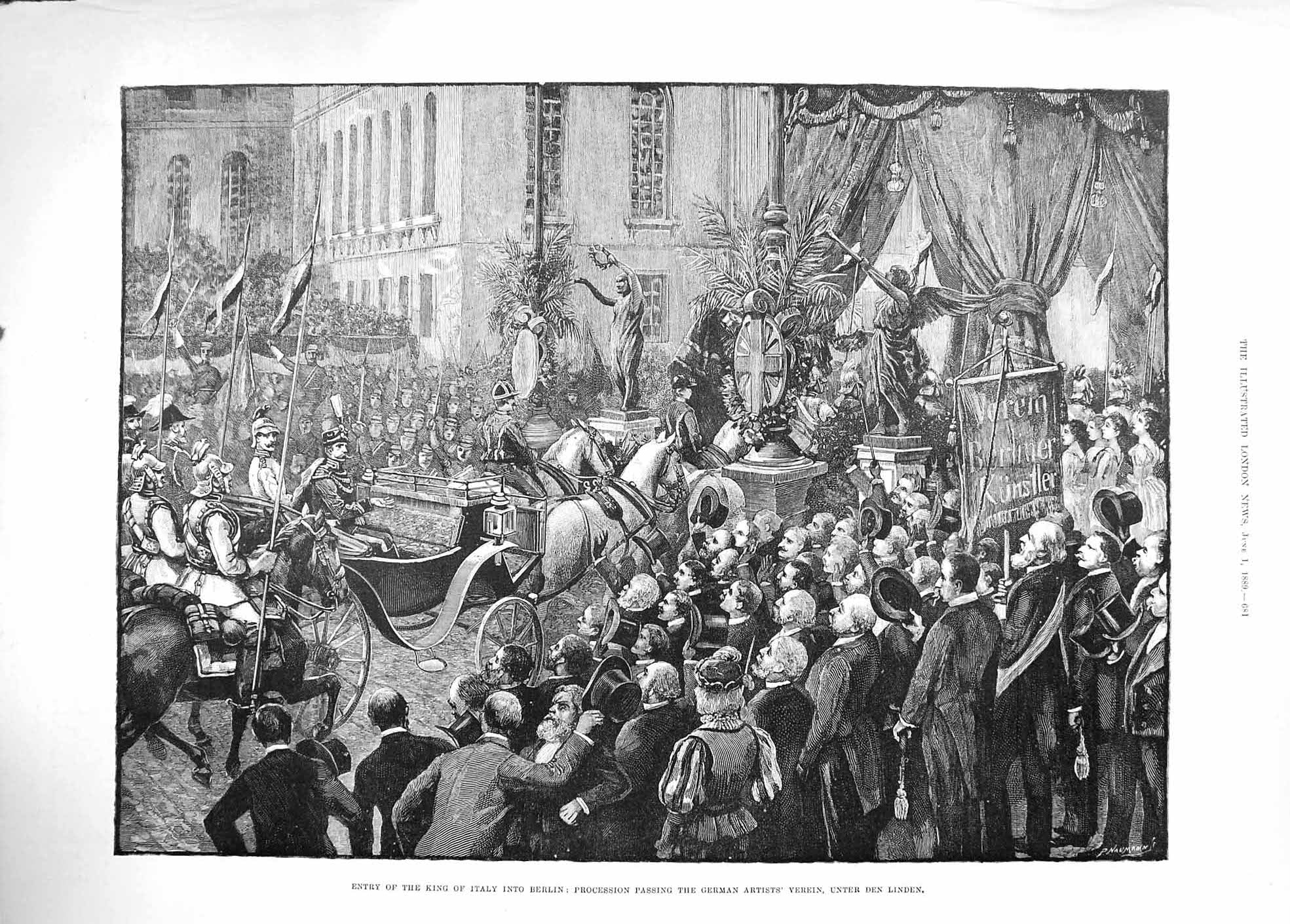 Old Antique Print 1889 King Italy Berlin German Artists Verein Den Linden 19th
