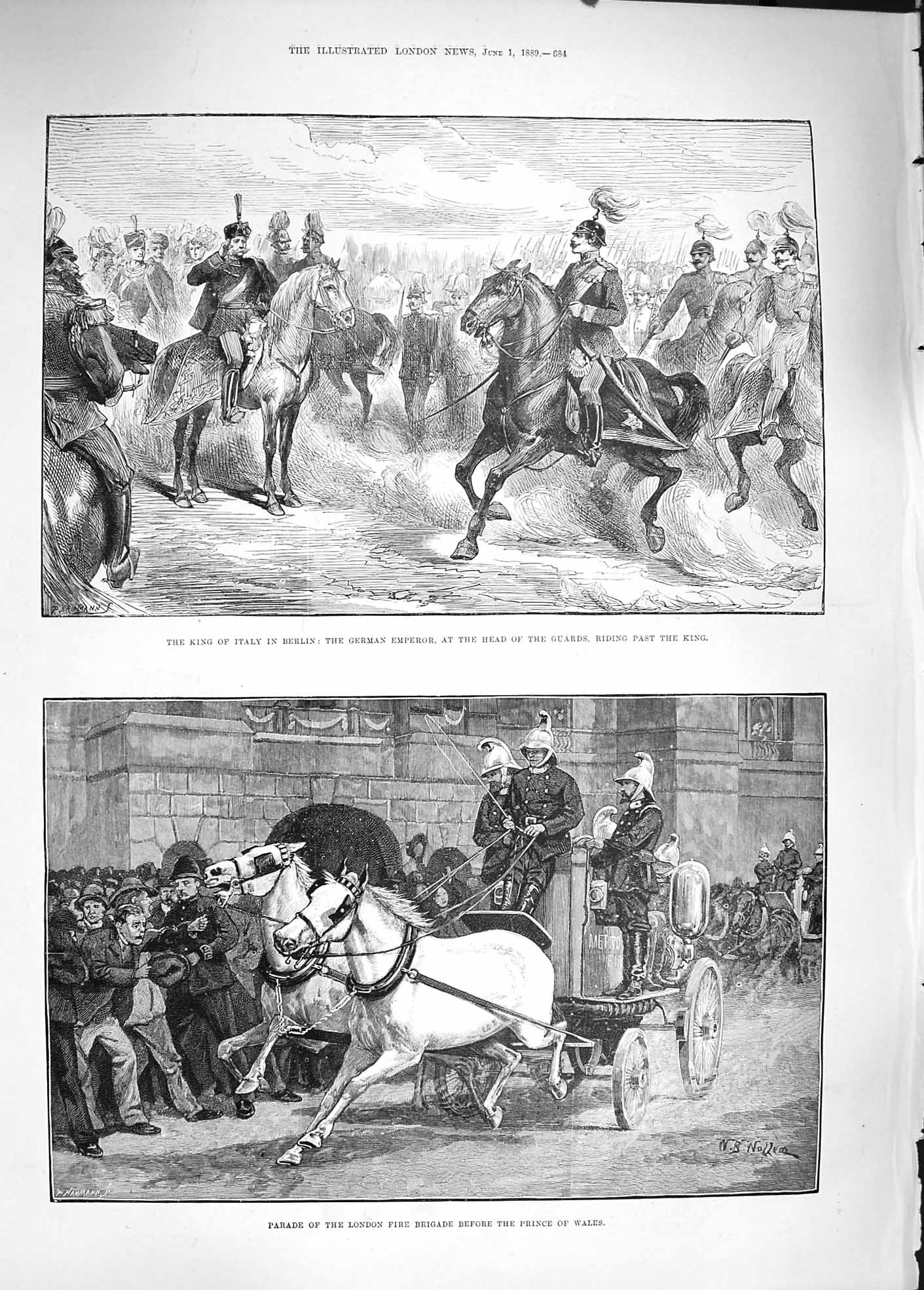 Old Antique Print 1889 King Italy Berlin London Fire Brigade Prince Wales 19th