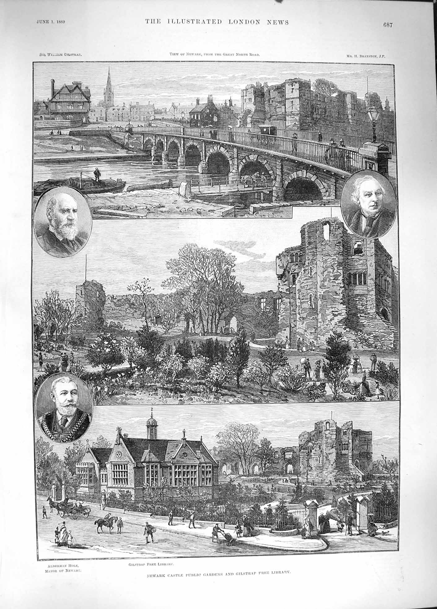 Original Old Antique Print 1889 Newark Castle Gardens Gilstrap Hole Branston