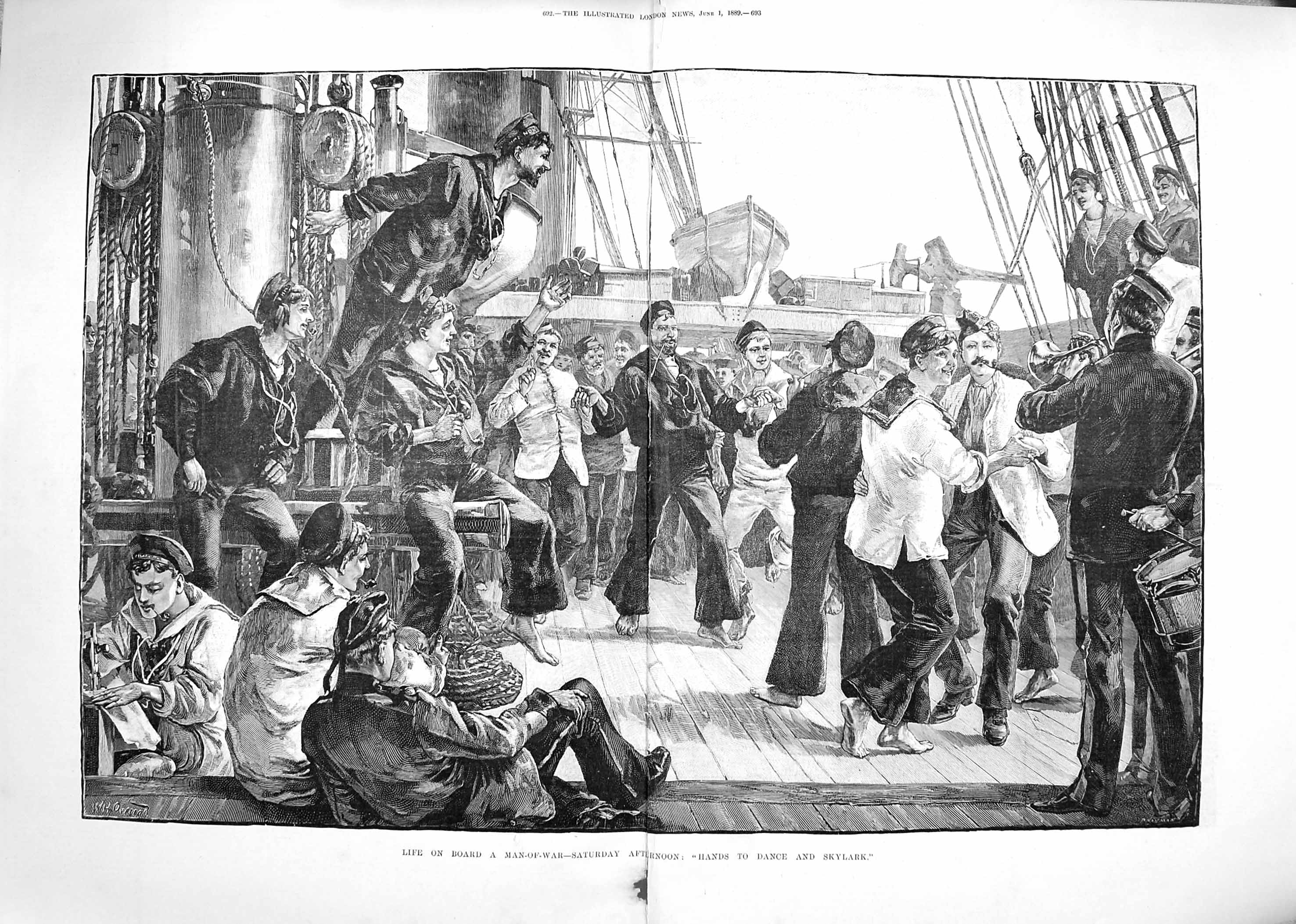 Original Old Antique Print Damaged 1889 Ship Man-Of-War Dance Skylark Navy