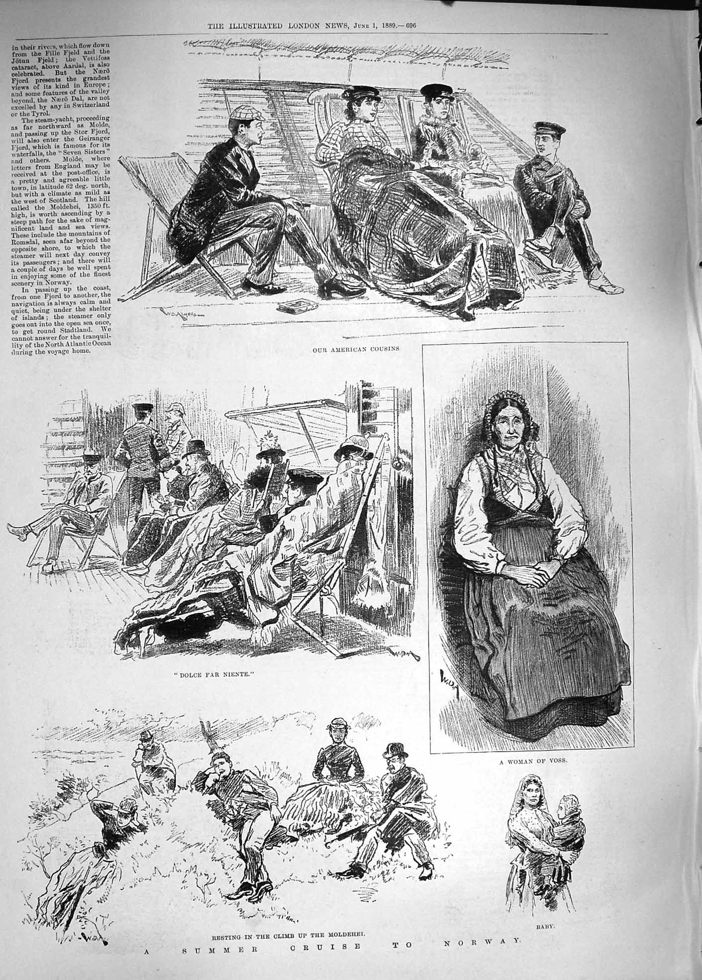Original Old Antique Print 1889 Ship Cruise Norway Voss Mehei Children Odde