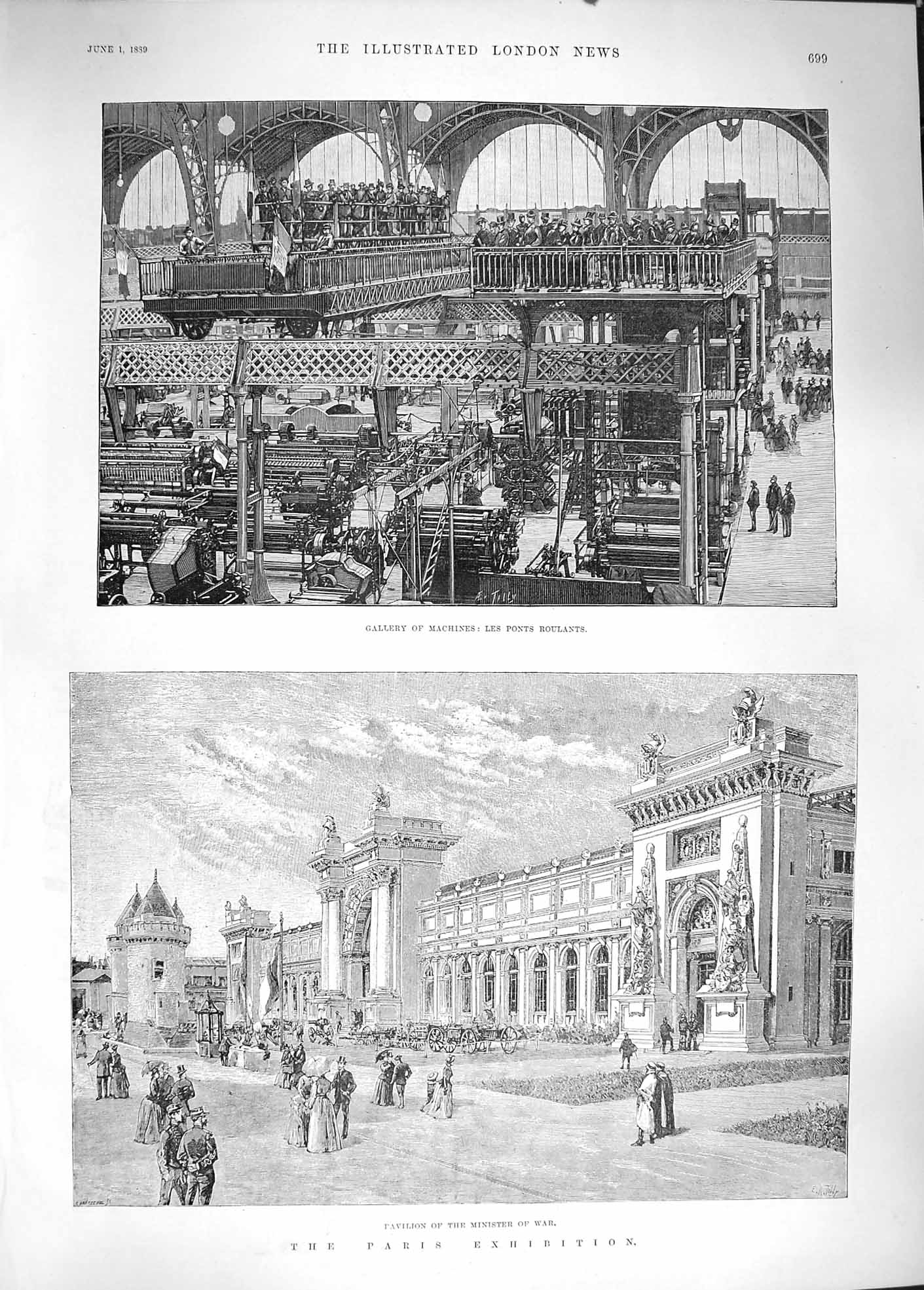 Original Old Antique Print 1889 Paris Exhibition Pavilion Minister War Roulants