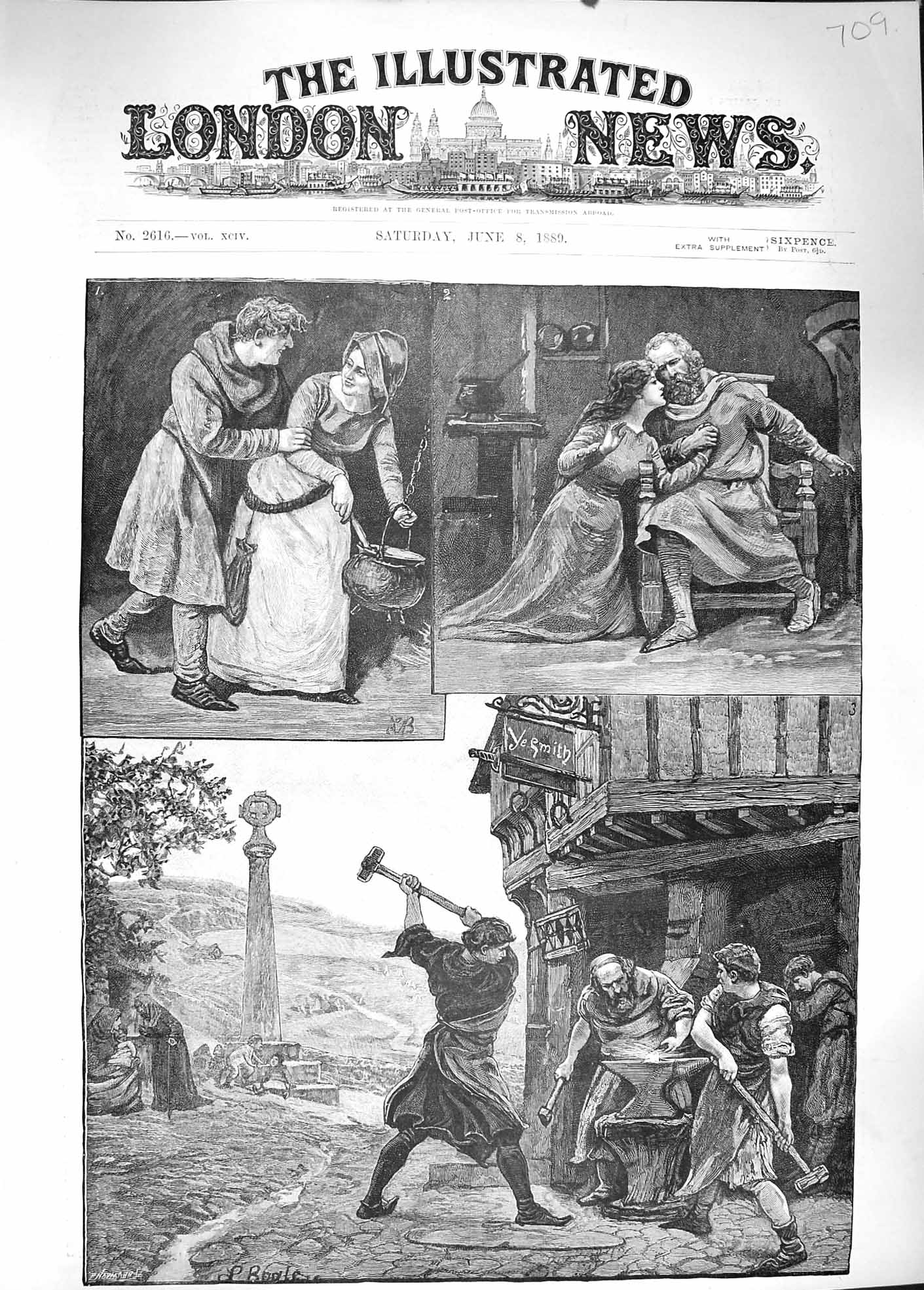 Original Old Antique Print 1889 Jack Meg Smith Balad Forge Blacksmith Fine Art