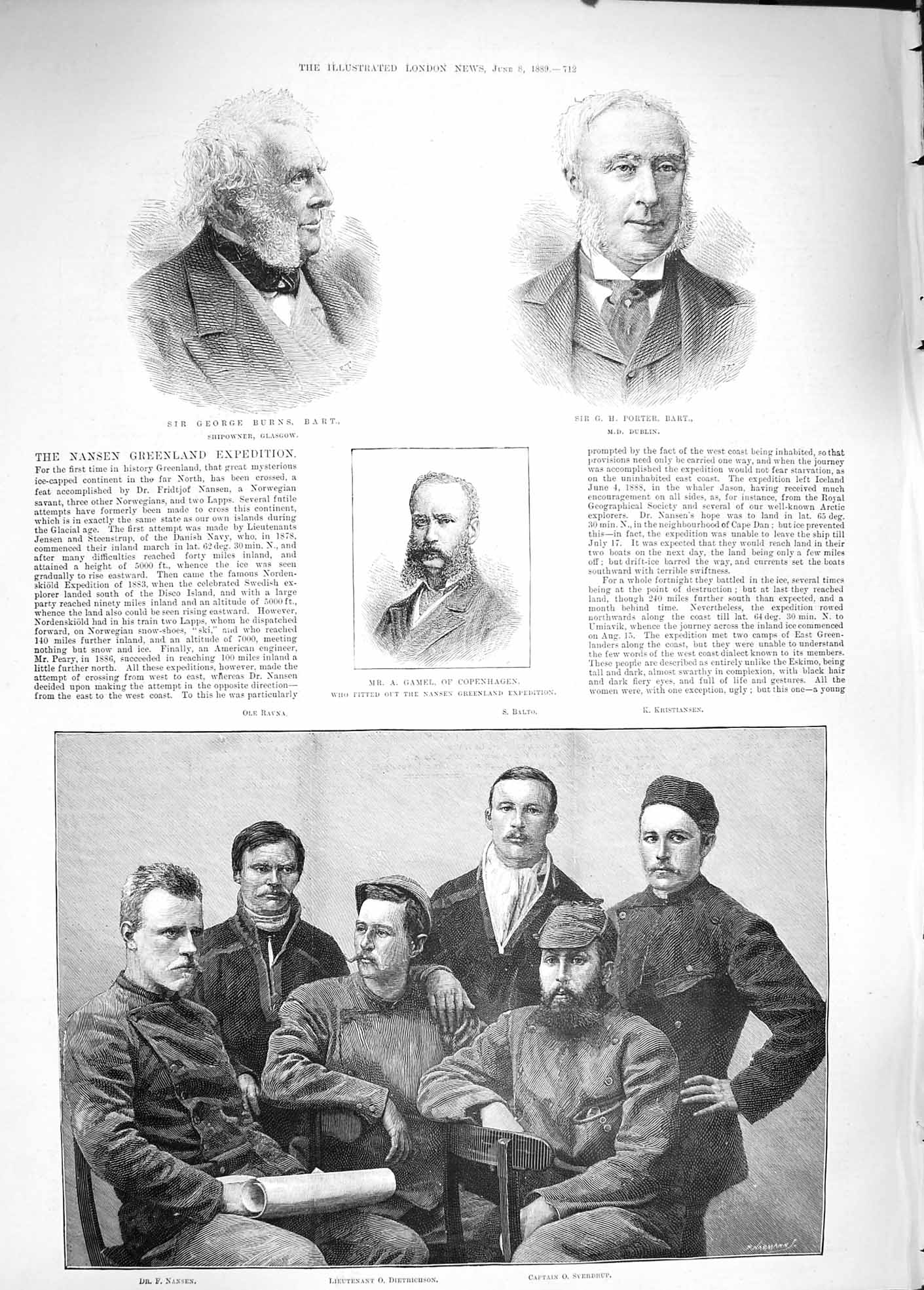 Original Old Antique Print 1889 Nansen Greenland Sverdrup Burns Porter Gamel