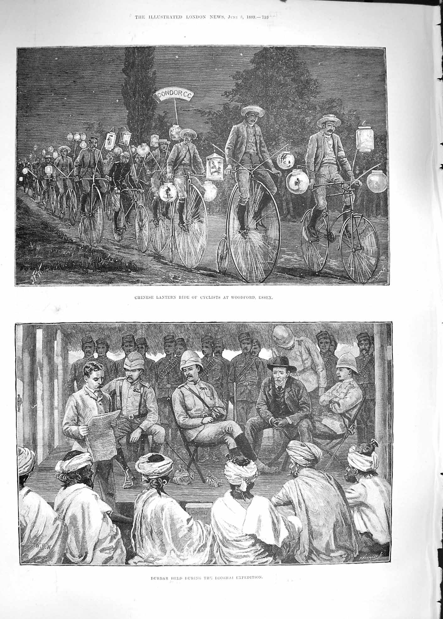 Original Old Antique Print 1889 Chinese Lantern Cyclists Burbar Looshai Monkeys
