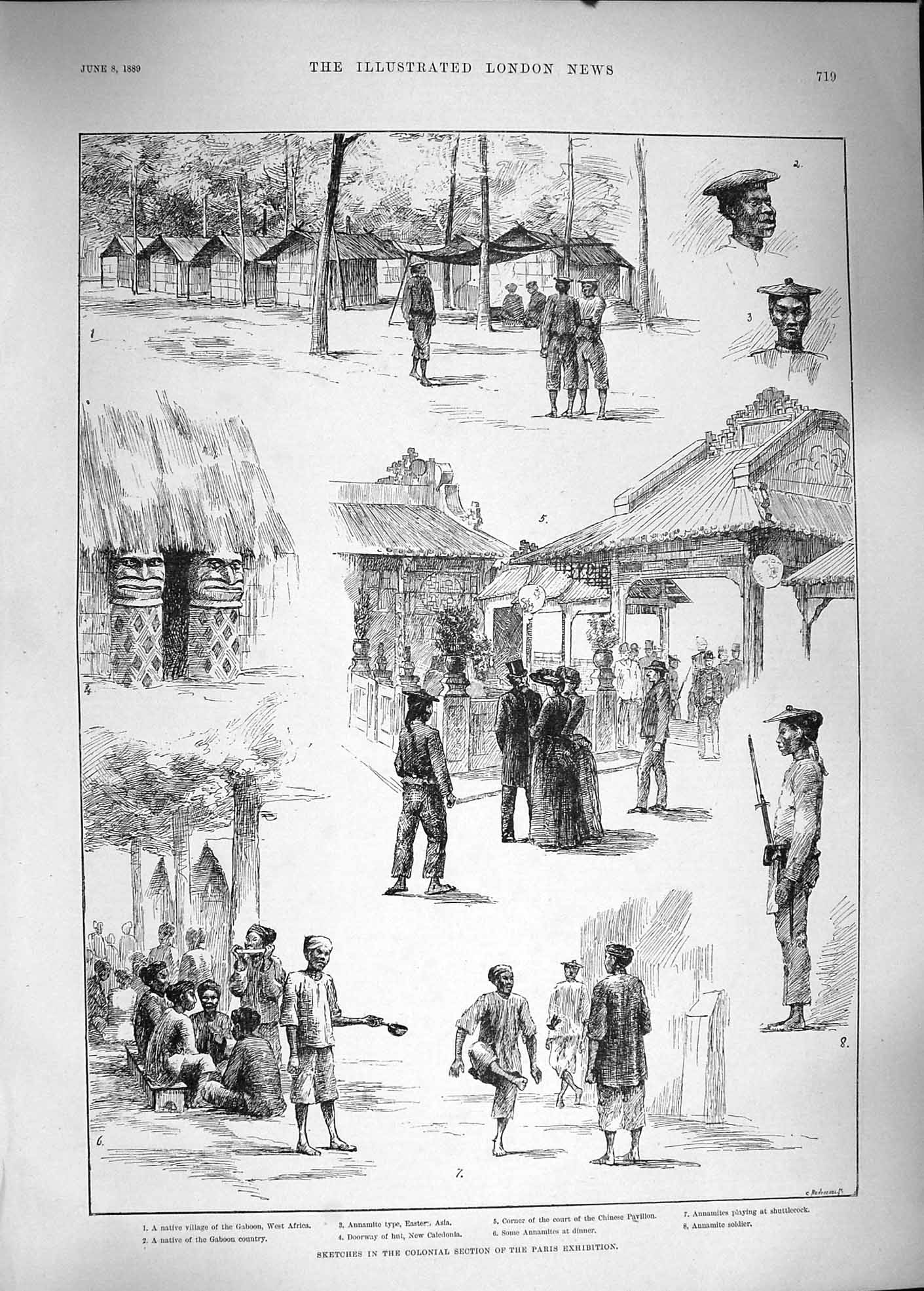 Original Old Antique Print 1889 Colonial Section Paris Exhibition Gaboon Asia