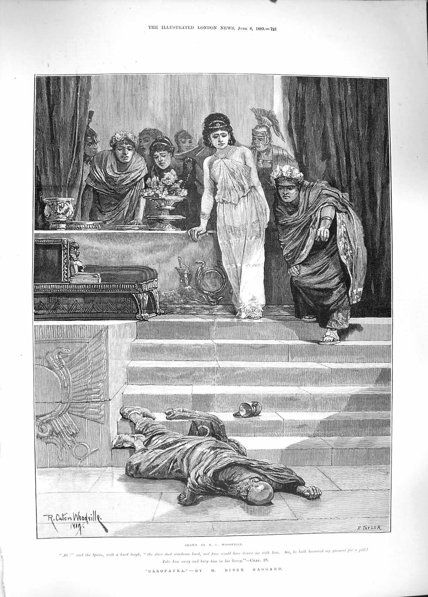 Original Old Antique Print 1889 Cleopatra Dead Man Queen Woodville Victorian