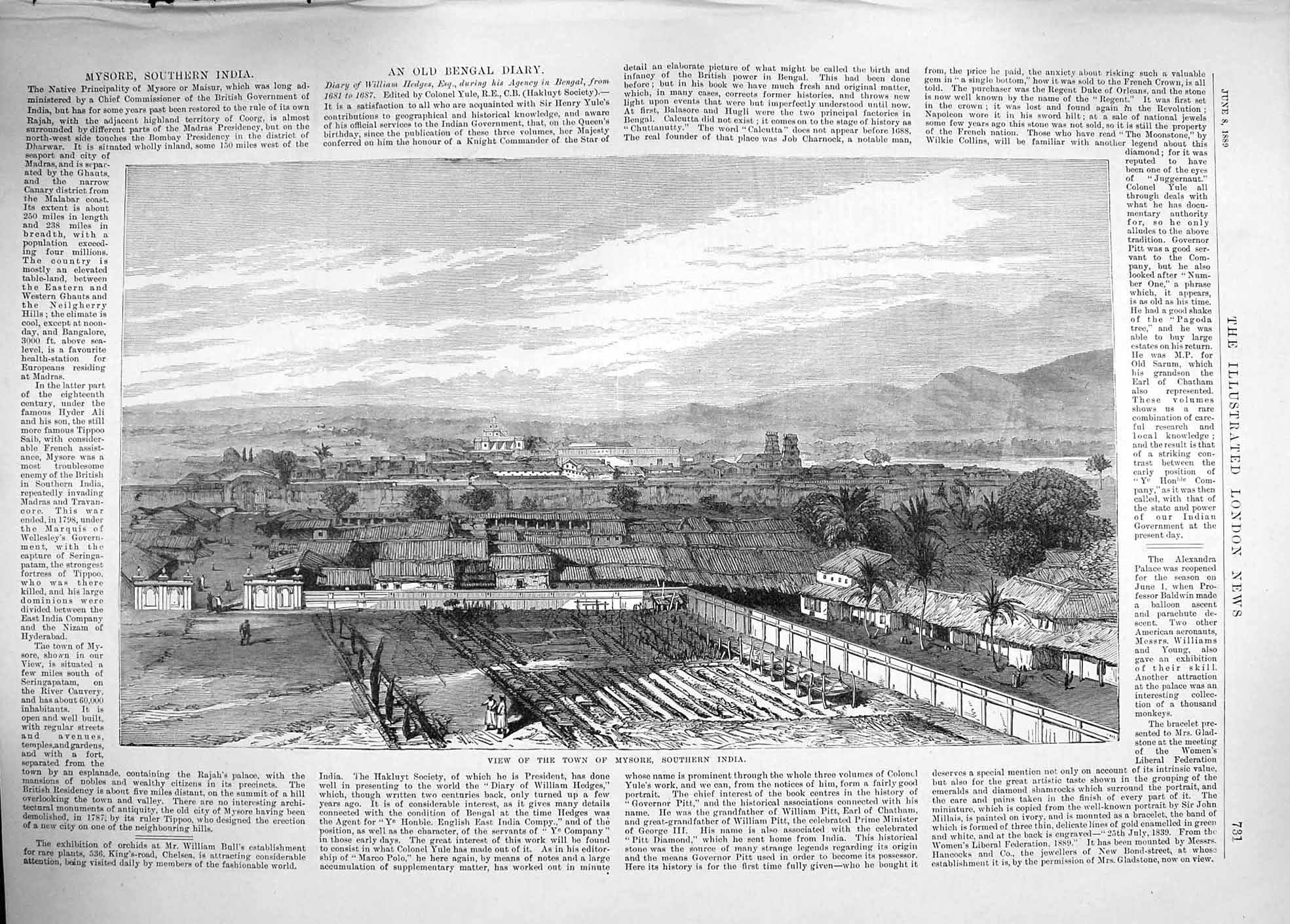 Original Old Antique Print 1889 View Town Houses Mysore Southern India Maisur