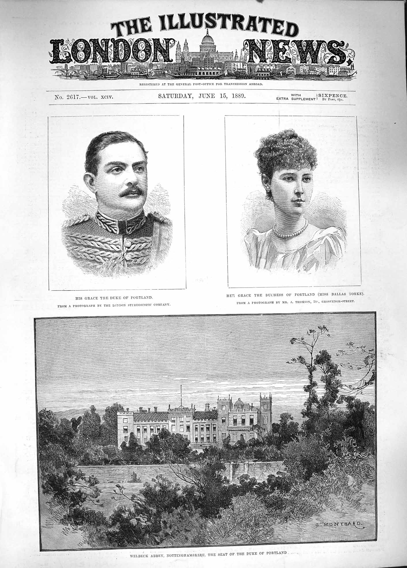 Old Antique Print 1889 Welbeck Abbey Duke Portland Duchess Dallas Yorke 19th