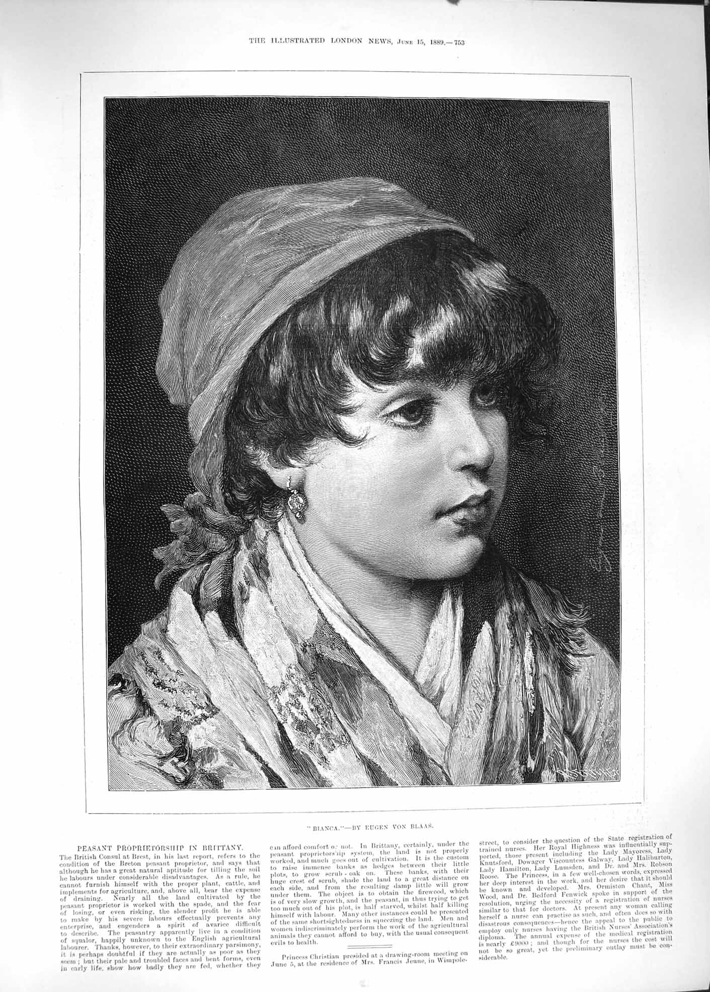 Original Old Antique Print 1889 Portrait Beautiful Bianca Little Girl Victorian