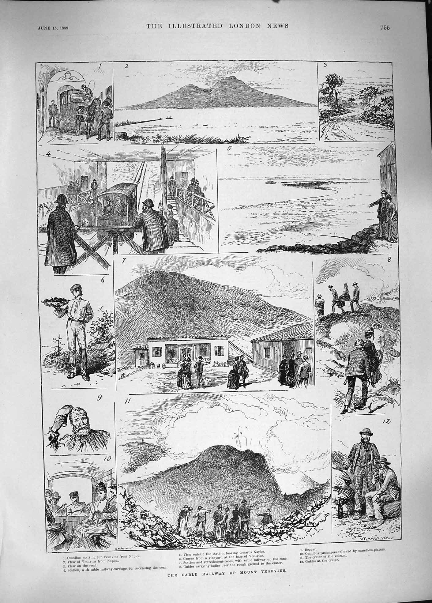 Original Old Antique Print 1889 Cable Railway Mount Vesuvius Omnibus Volcano