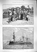 Old Antique Print 1889 Burmah Yaw Villagers Franch Navy Ship Redoutable 19th
