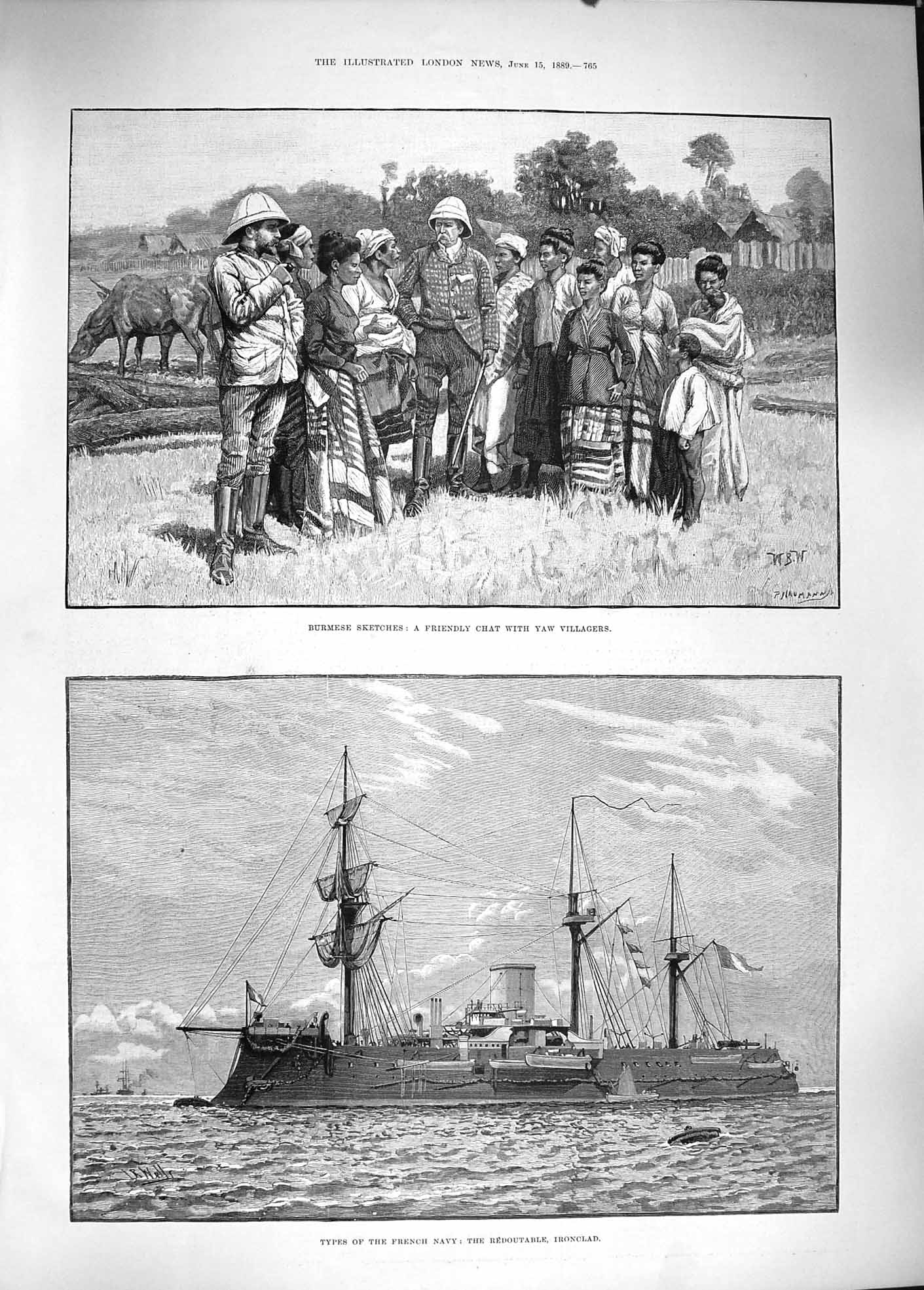 Old Antique Print 1889 Burmah Yaw Villagers Franch Navy Ship Redoutable 19th