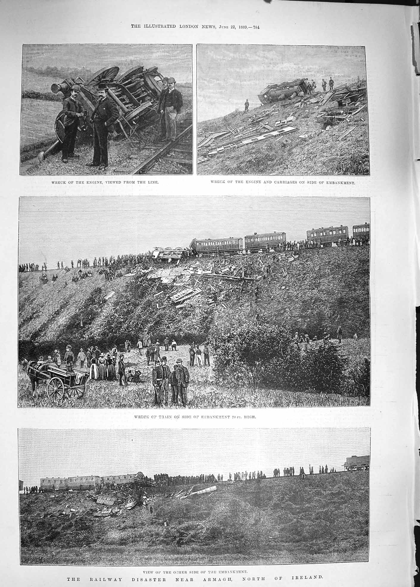 Original Old Antique Print 1889 Railway Disaster Train Crash Armagh Victorian