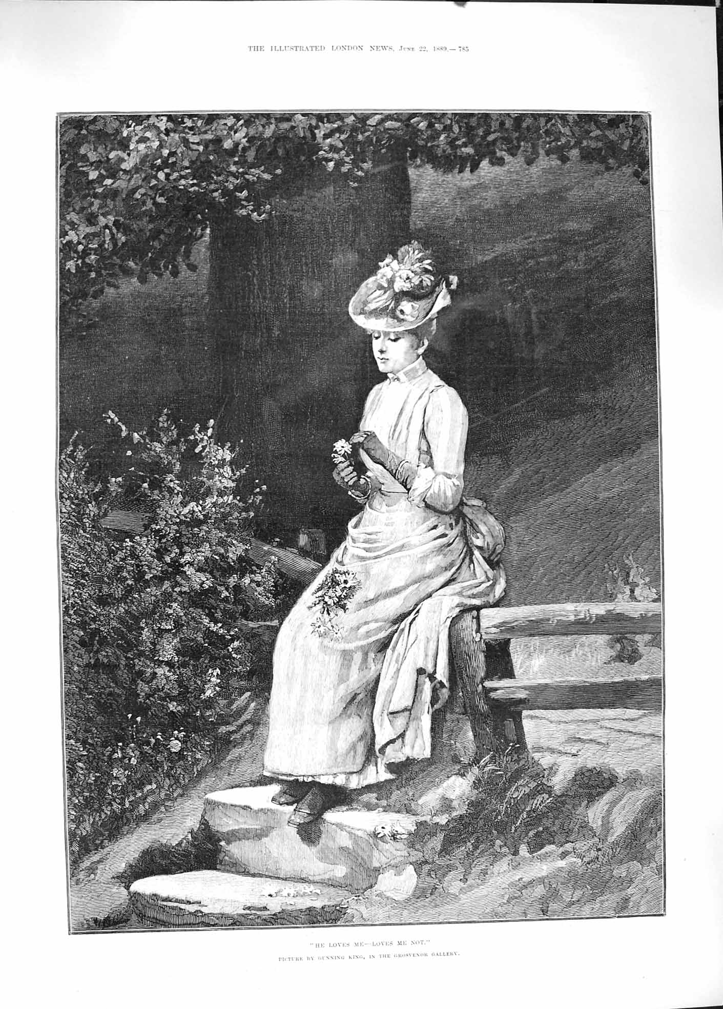 Original Old Antique Print 1889 He Loves Me Not Beautiful Girl Picking Flowers
