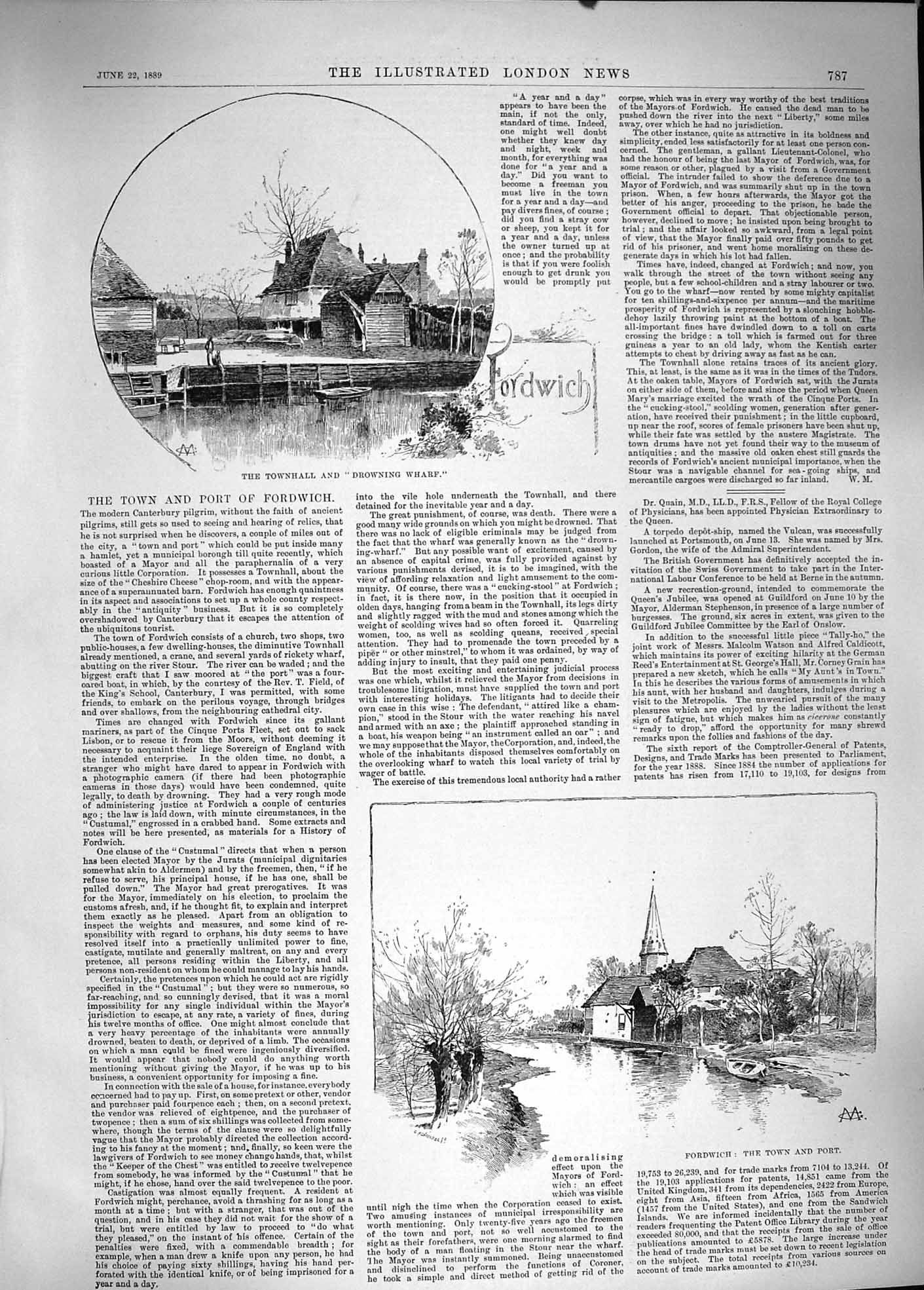 Original Old Antique Print 1889 Fordwich Townhall Drowning Wharf To Victorian