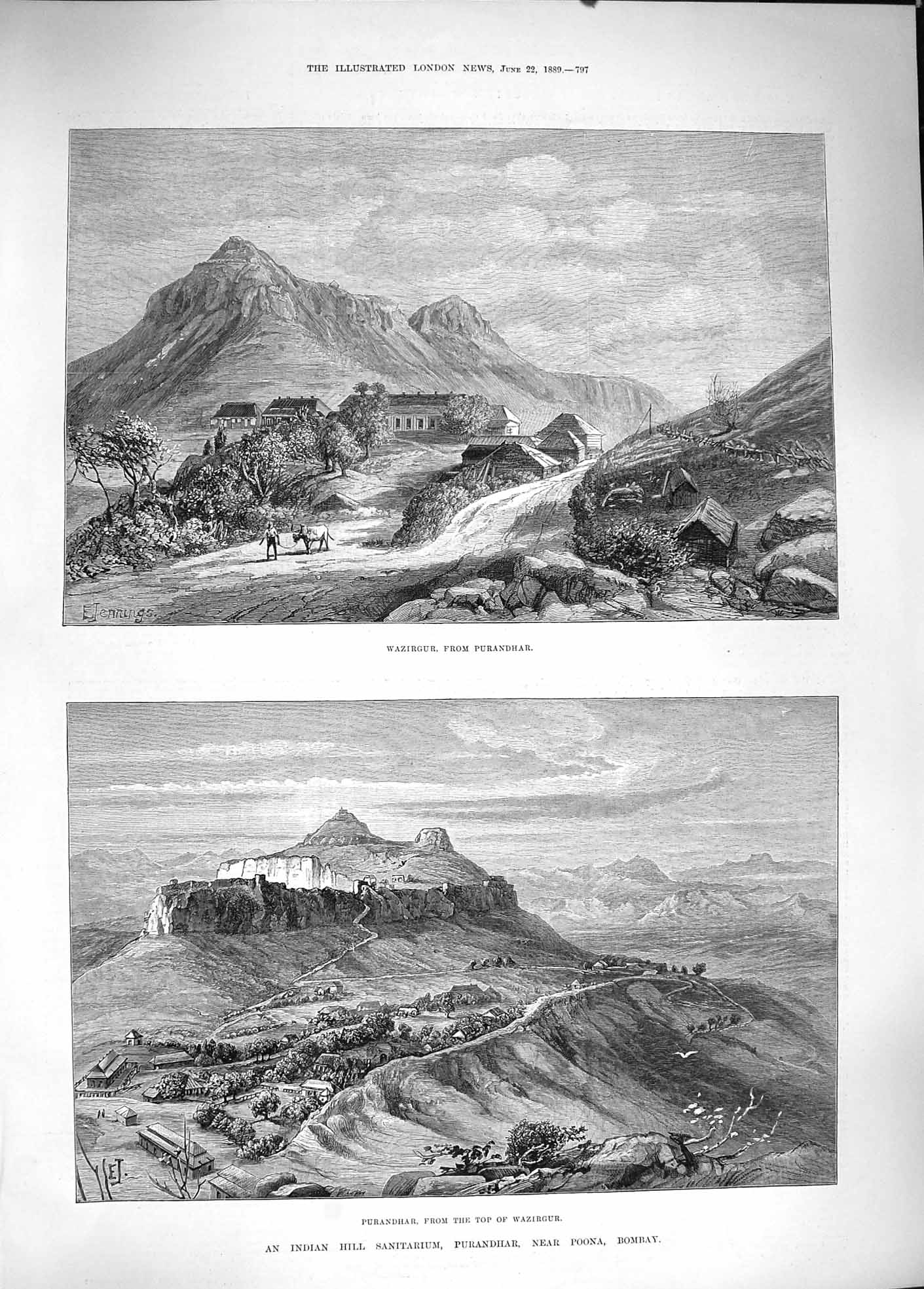 Old Antique Print 1889 Wazirgur Purandhar Indian Hill Sanitarium Bombay 19th