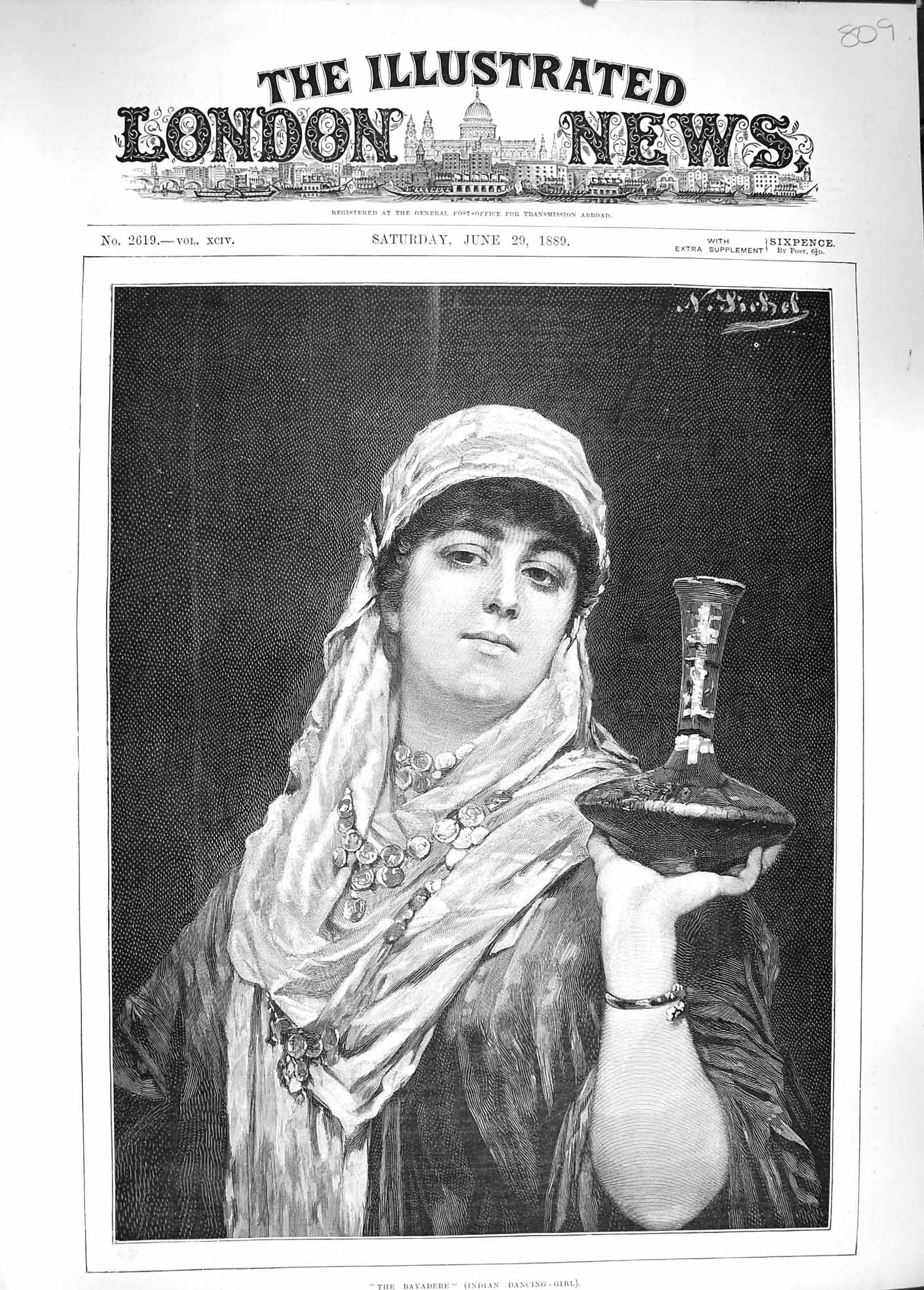 Original Old Antique Print 1889 Portrait Bayadere Indian Dancing Girl Victorian