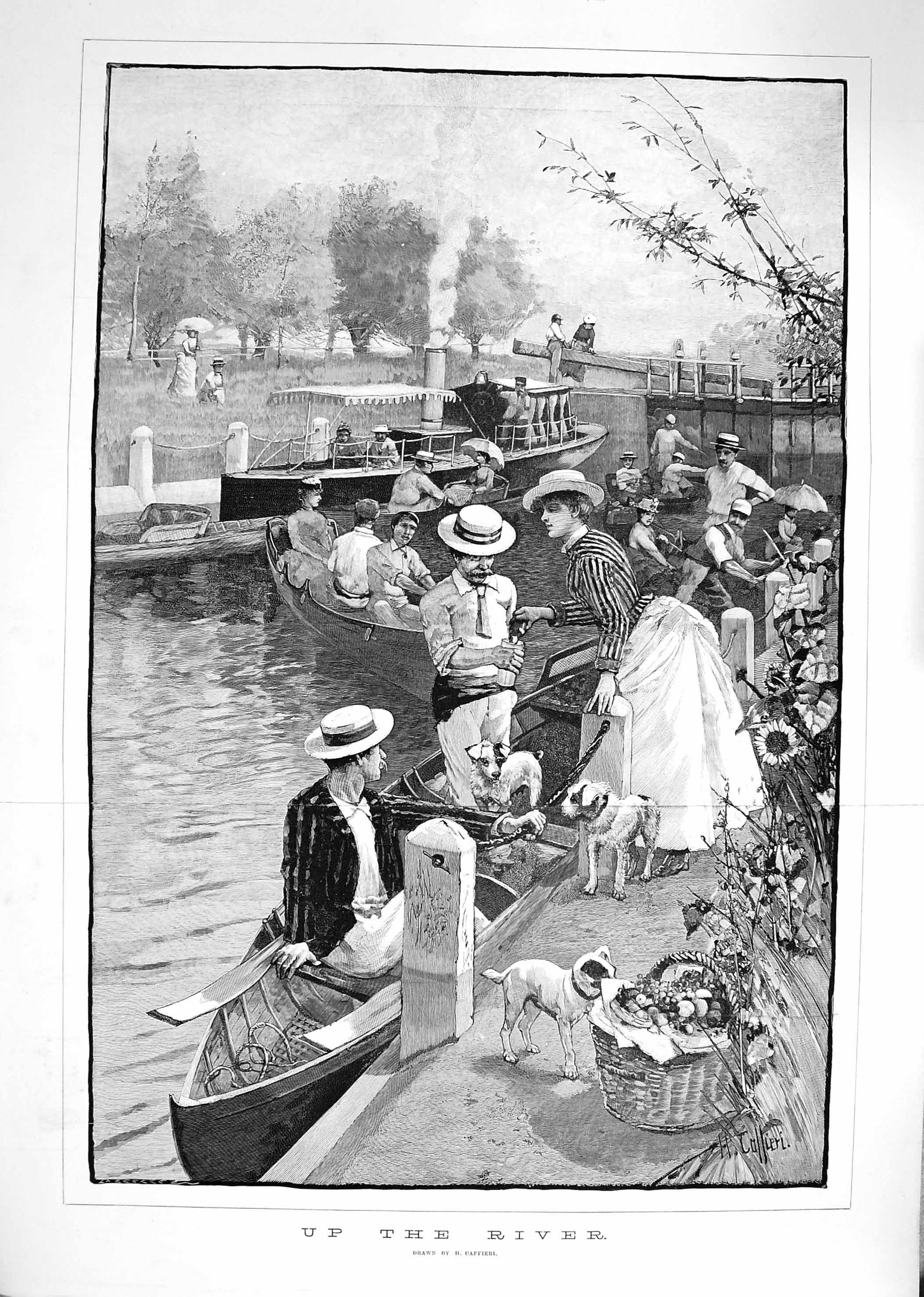Original Old Antique Print 1889 Up The River Boats Romance Picnic Steam-Boat